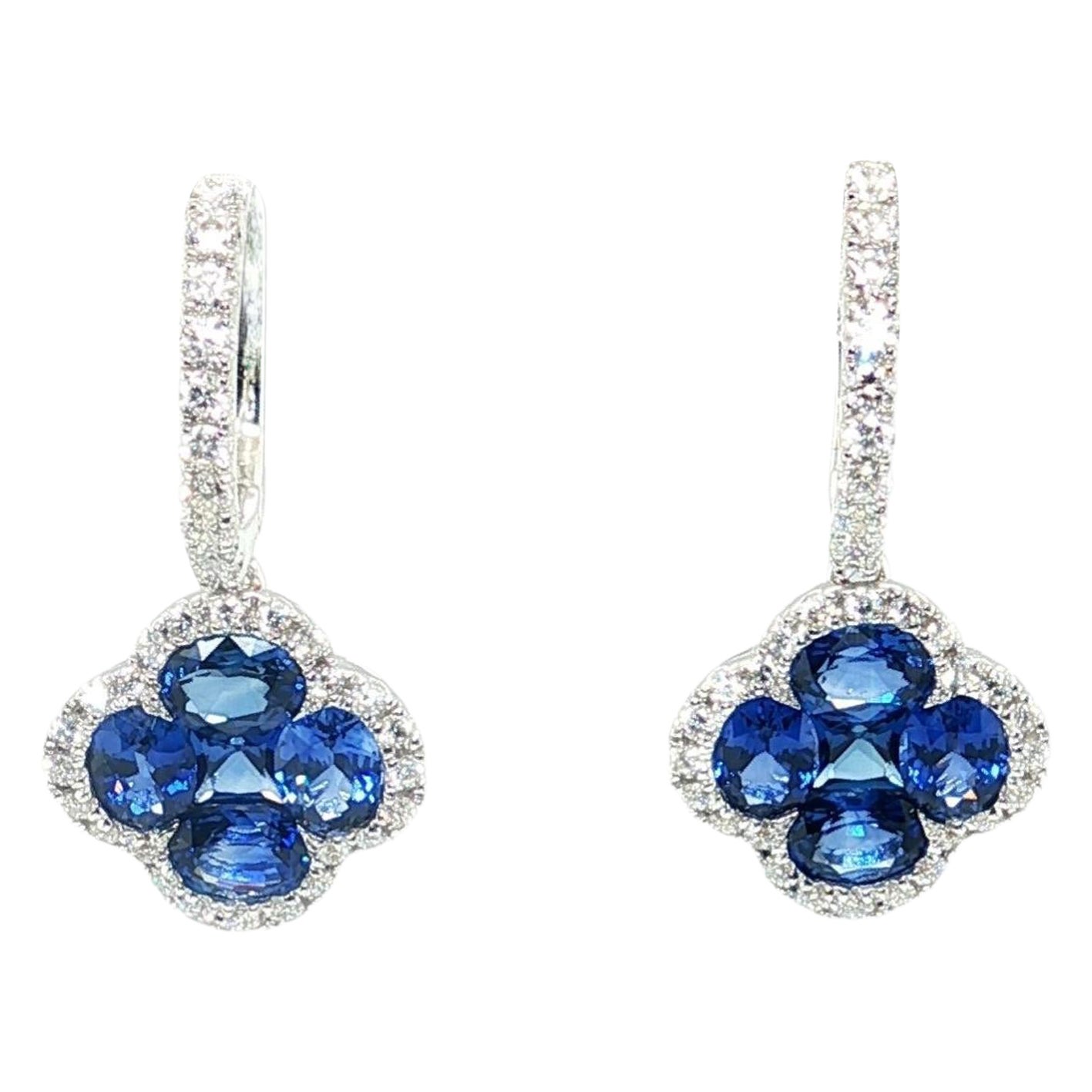 Blue Sapphire and Diamond Clover Dangle Earrings in 18k White Gold For Sale