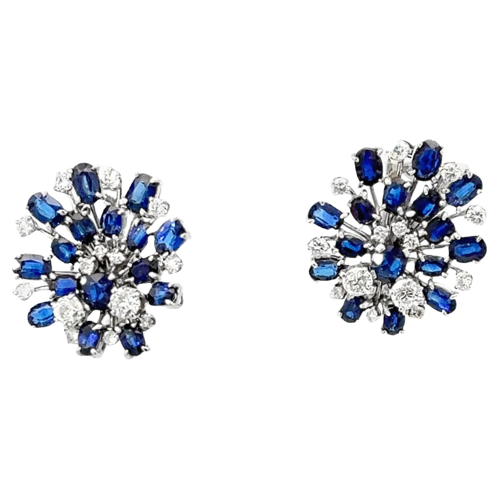 Blue Sapphire and Diamond Cluster Clip-On Earrings