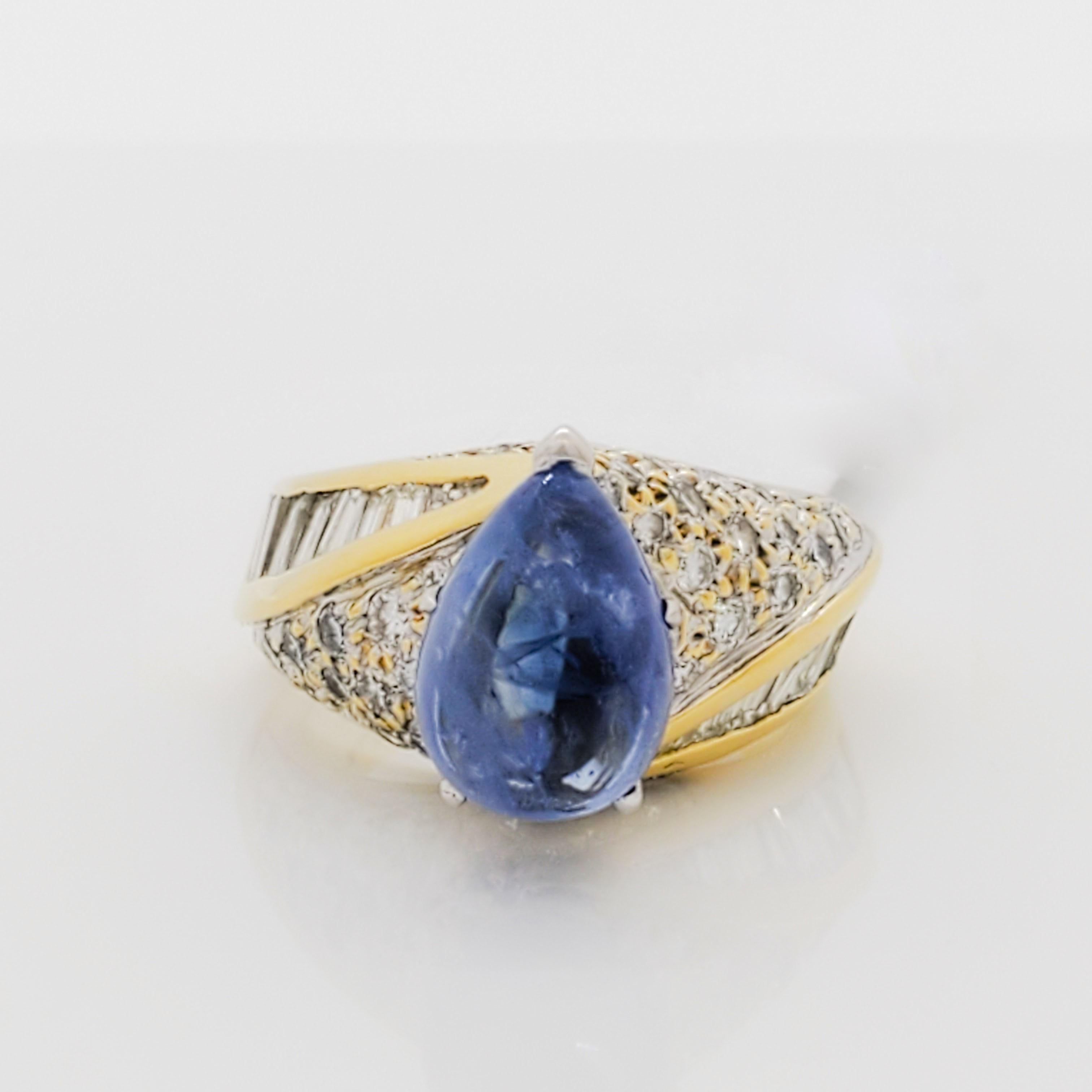 Pear Cut Blue Sapphire and Diamond Cocktail Dome Ring in 18k Yellow Gold For Sale