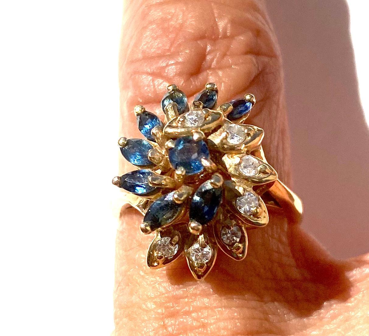 Blauer Saphir und Diamant Cocktail-Ring 14 Karat Gelbgold 0,65 TCW (Marquiseschliff)