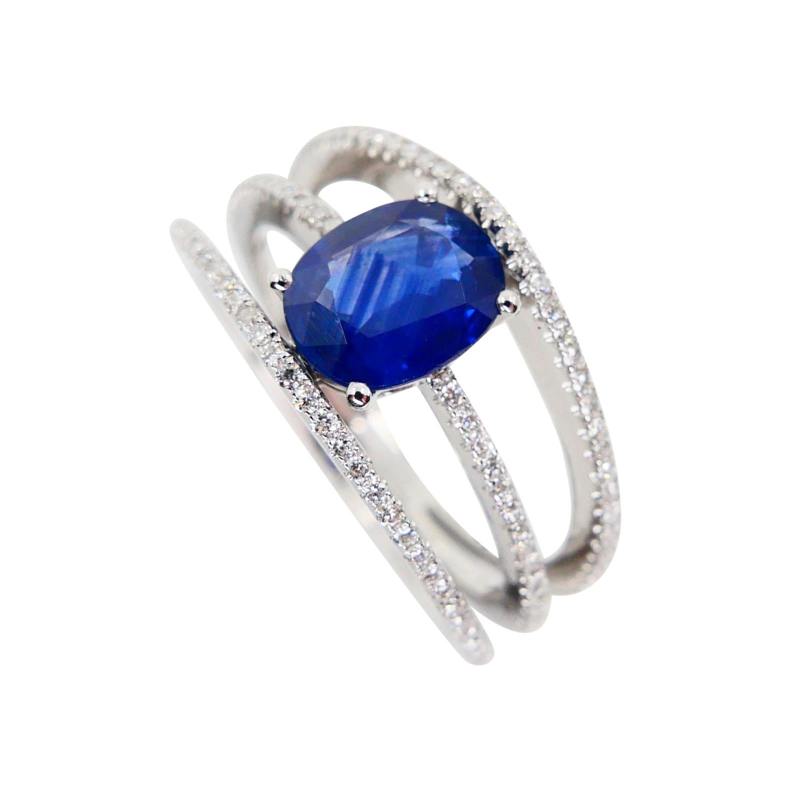 Blue Sapphire and Diamond Cocktail Ring, 3 Rows Design, 18 Karat White Gold For Sale
