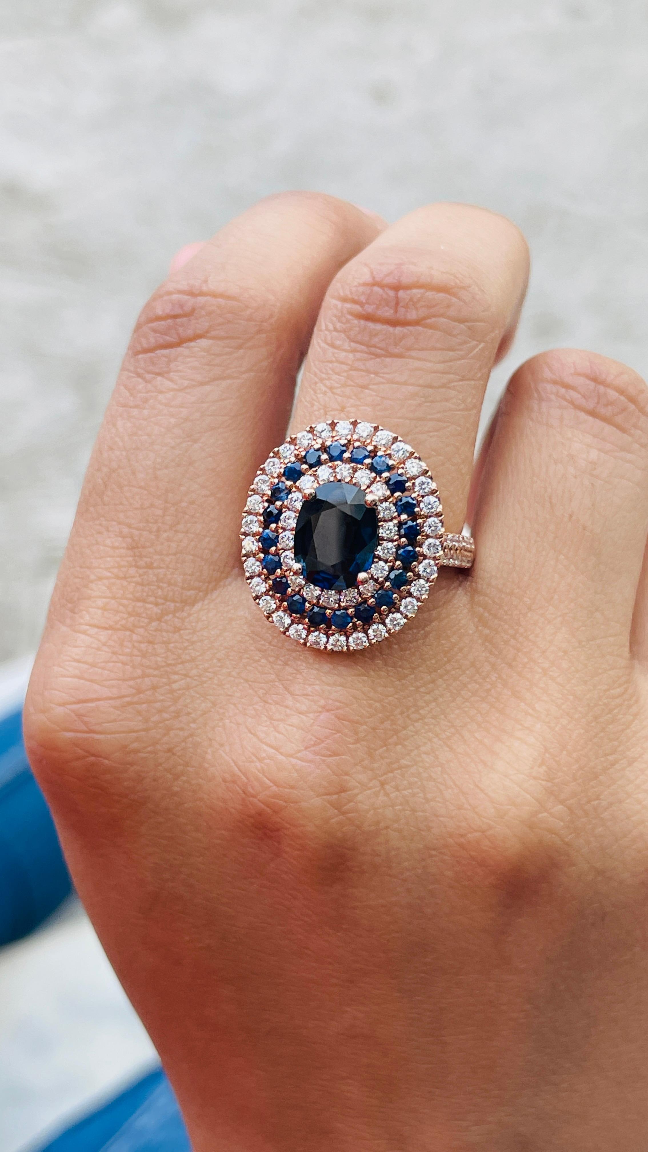 For Sale:  Blue Sapphire and Diamond Cocktail Ring in 14K Rose Gold 4