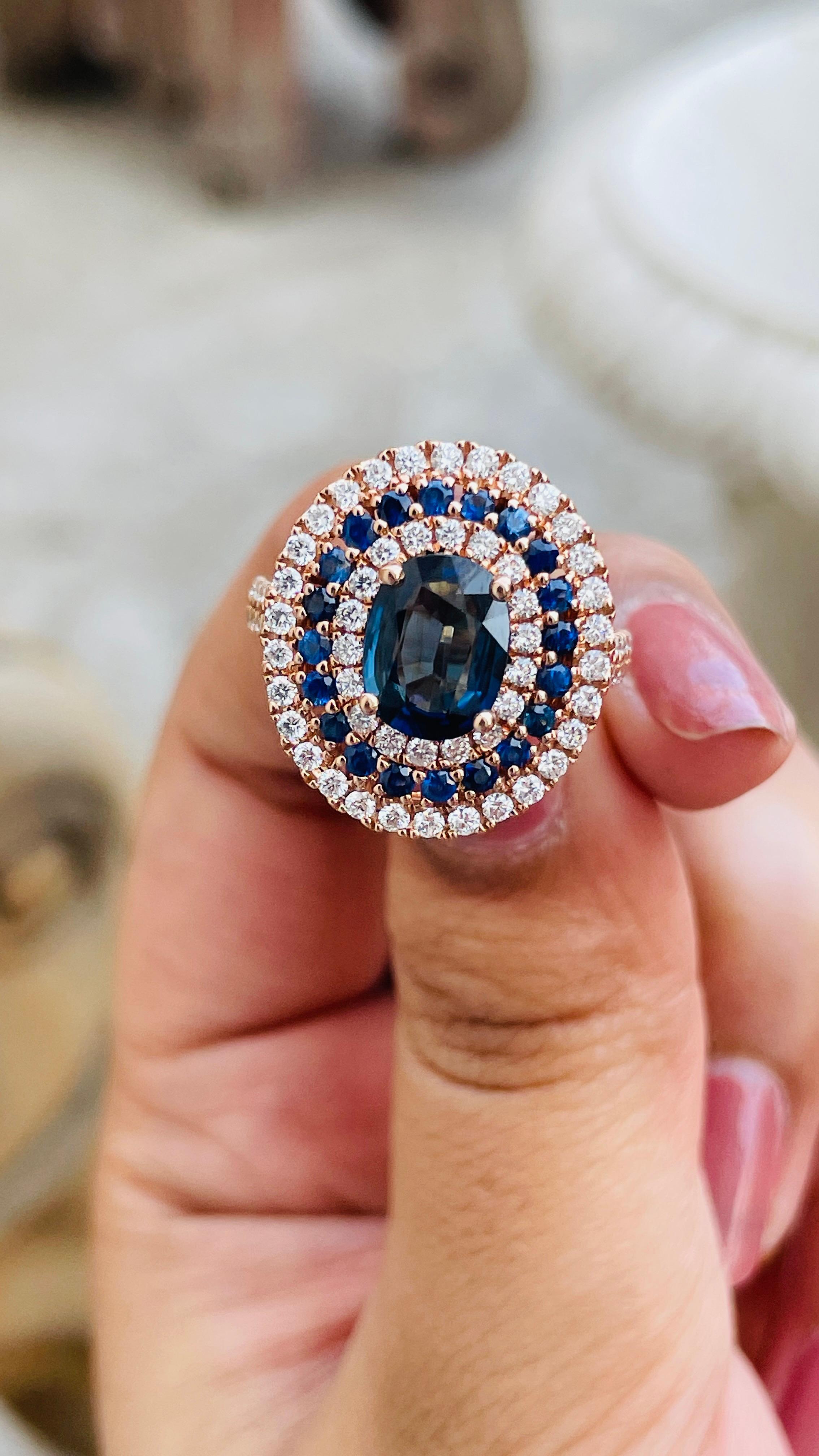 For Sale:  Blue Sapphire and Diamond Cocktail Ring in 14K Rose Gold 7