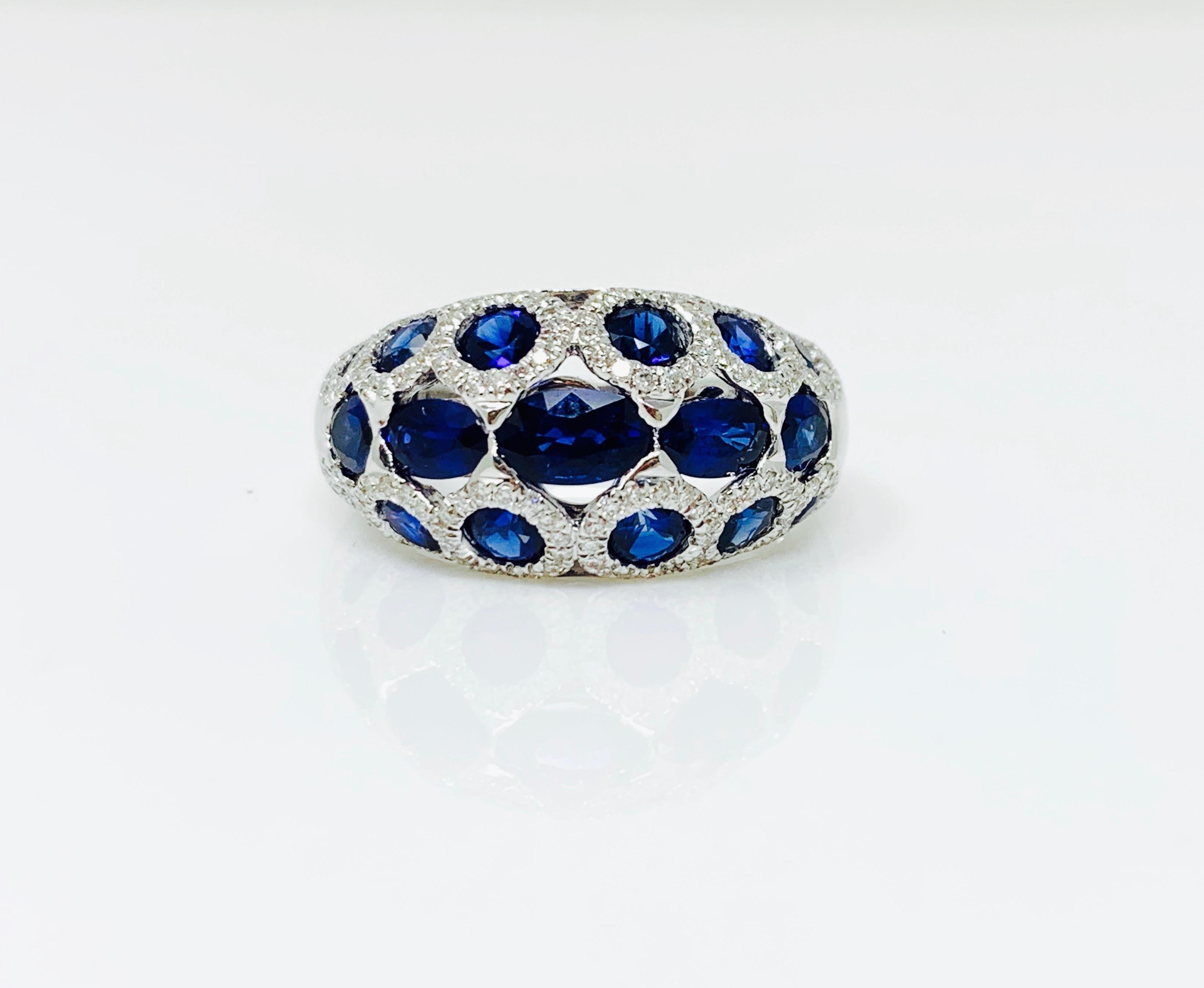 MOGULDIAM INC blue sapphire and diamond cocktail ring beautifully handmade in 18K white gold. 
Blue sapphire weight : 2.78 carat 
Diamond weight : 0.42 carat 
Metal : 18k 
Ring size : 6 1/2 