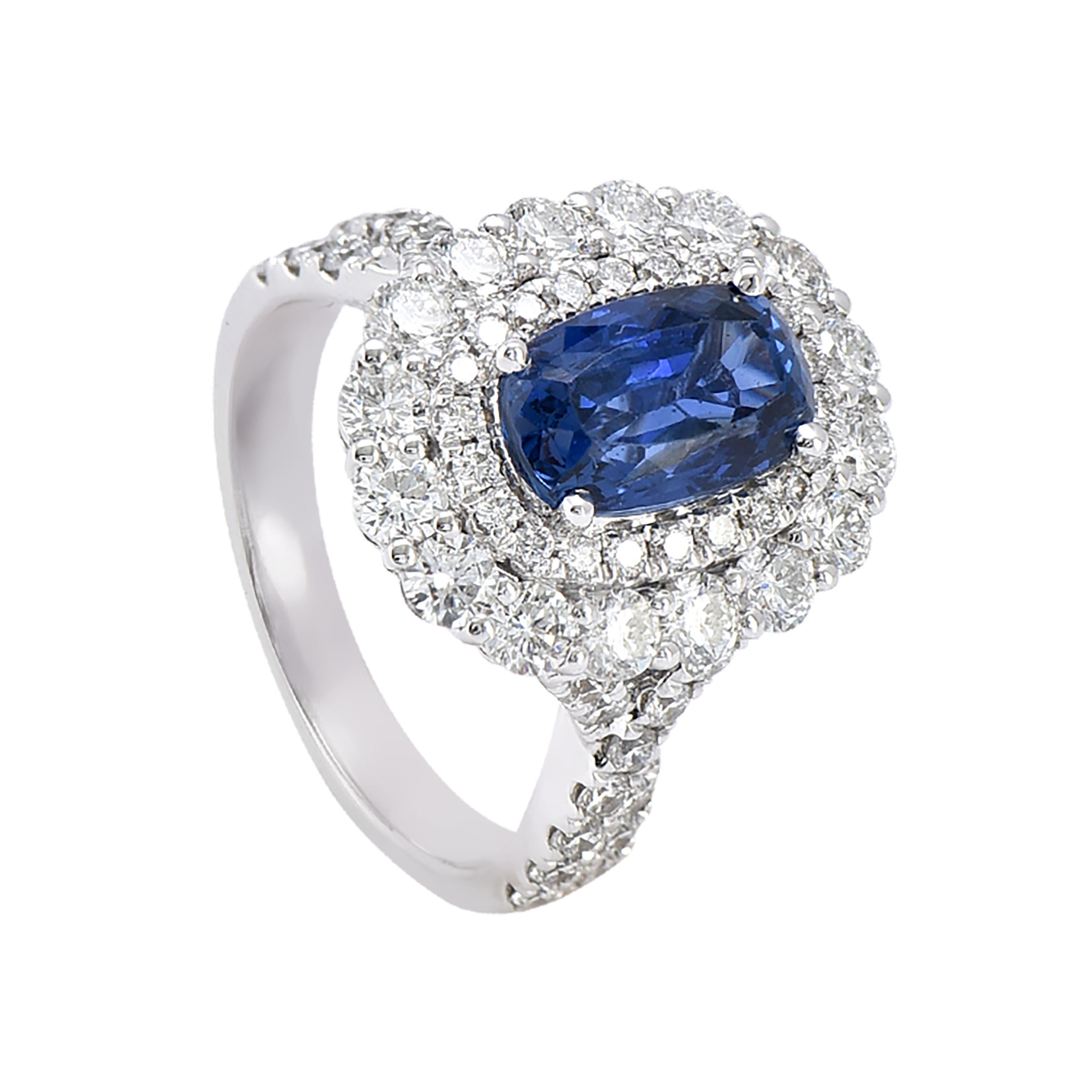 18 karat white gold cocktail ring part of Laviere's Azure collection. The ring is set with a 2.94 carat IGI certified oval blue sapphire, which is surrounded by 1.94 carat of brilliant round diamonds
Gross Weight of the Ring is 7.68 grams. 
Diamond