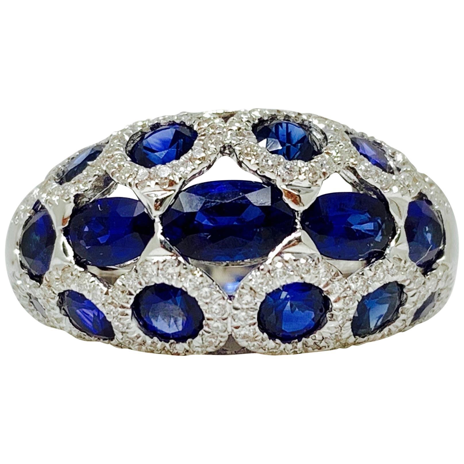 Blue Sapphire and Diamond Cocktail Ring in 18 Karat White Gold. For Sale