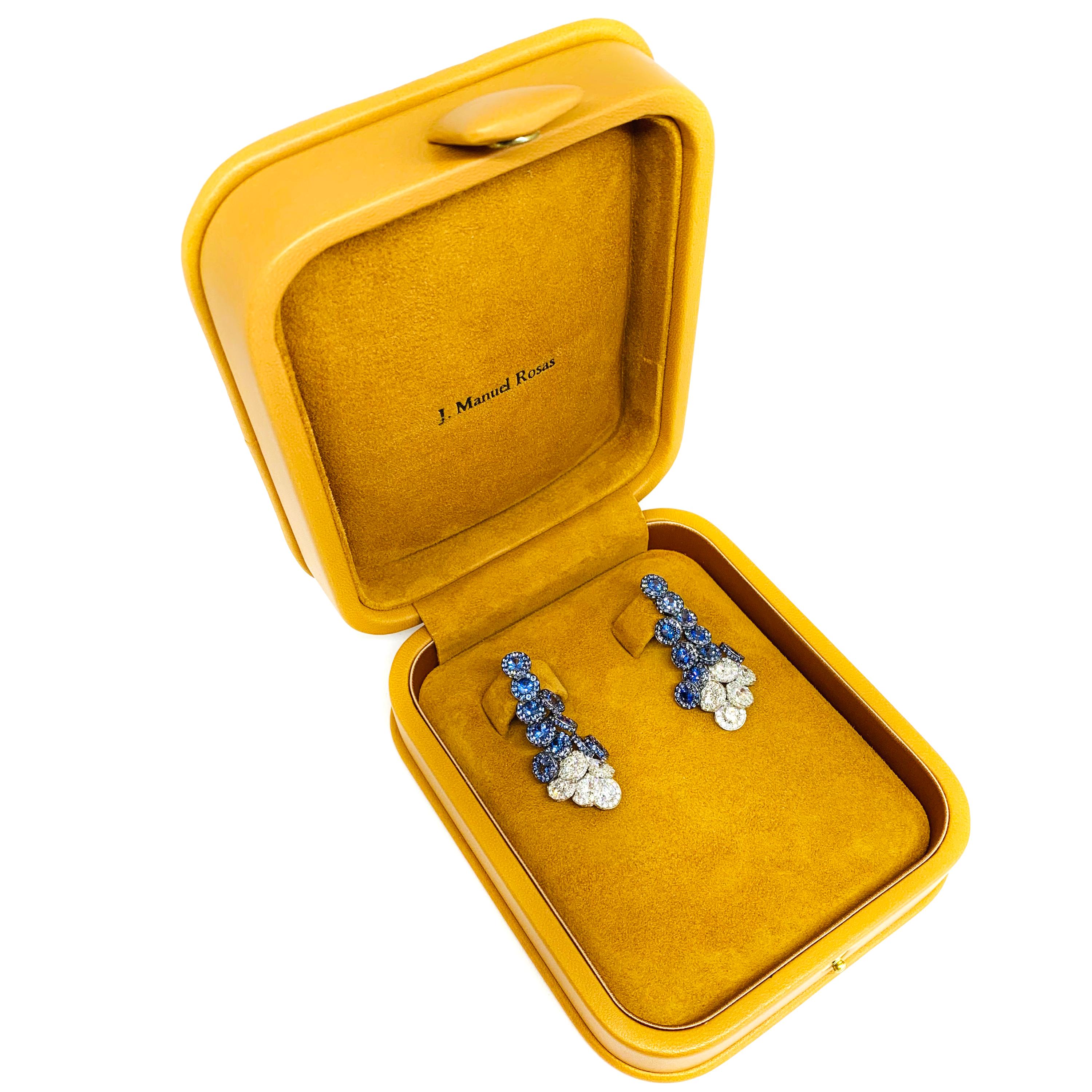 Contemporary Rosior by Manuel Rosas Blue Sapphire and Diamond Drop Earrings set in White Gold