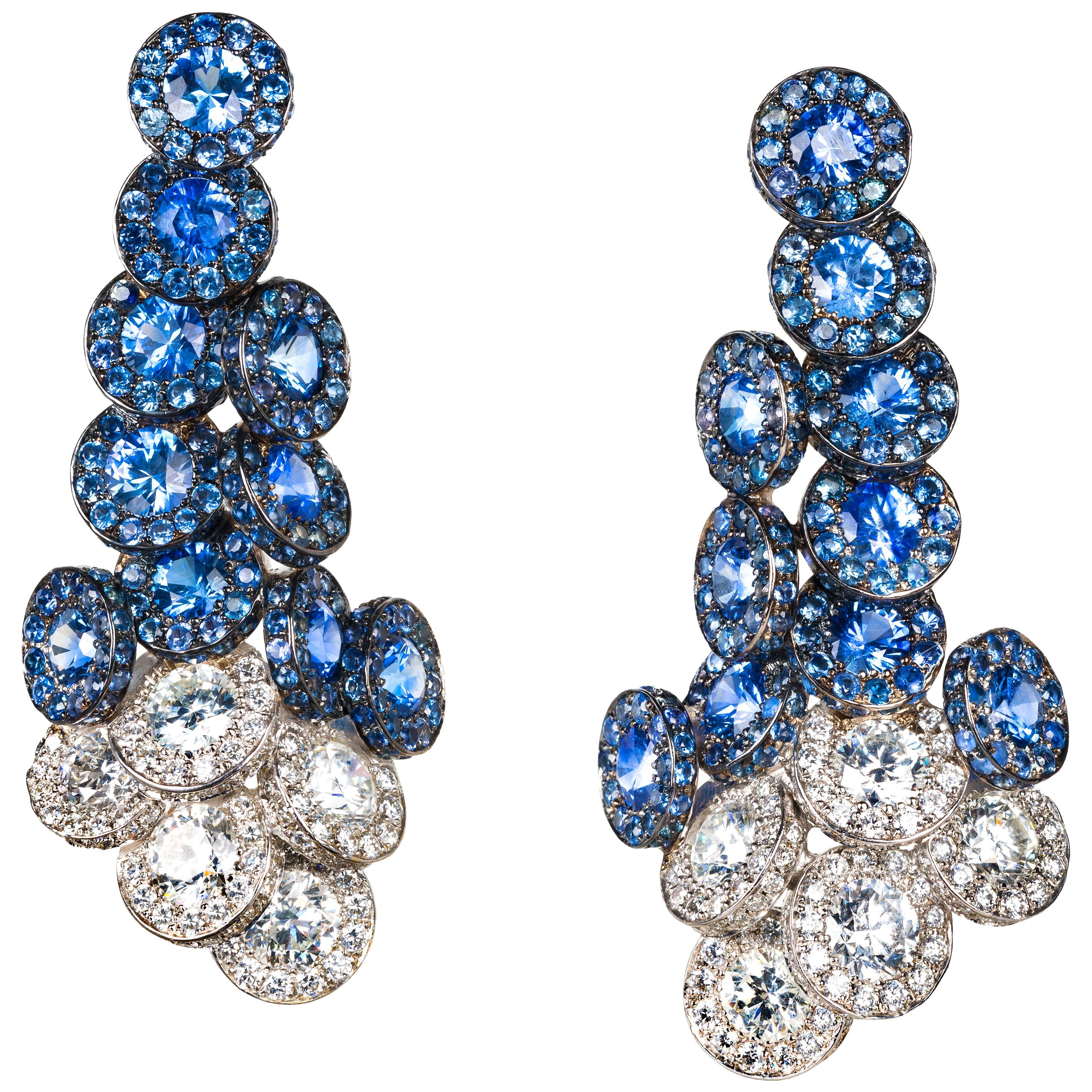 Rosior by Manuel Rosas Blue Sapphire and Diamond Drop Earrings set in White Gold