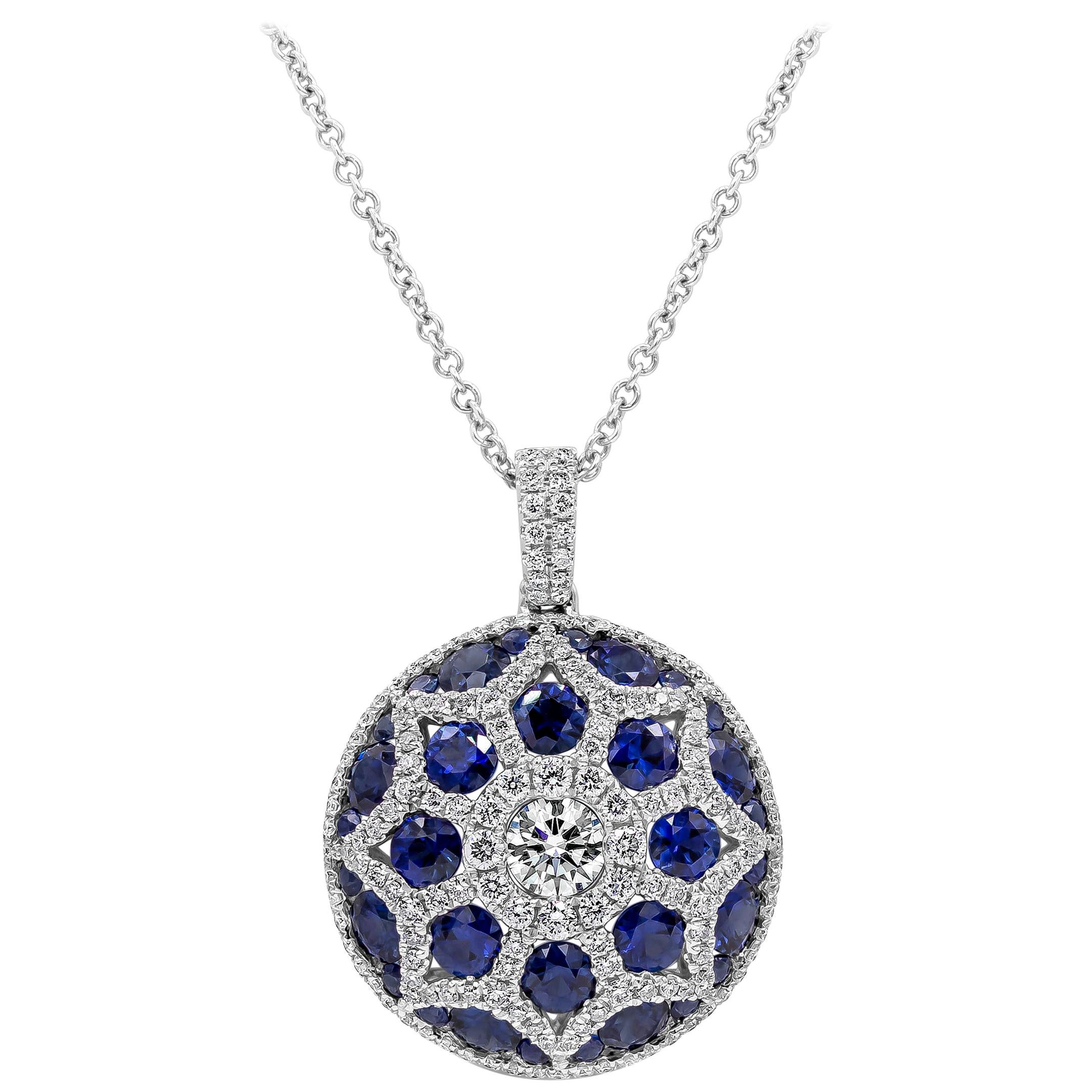 3.55 Carats Total Brilliant Round Blue Sapphire & Diamond Convex Circle Pendant