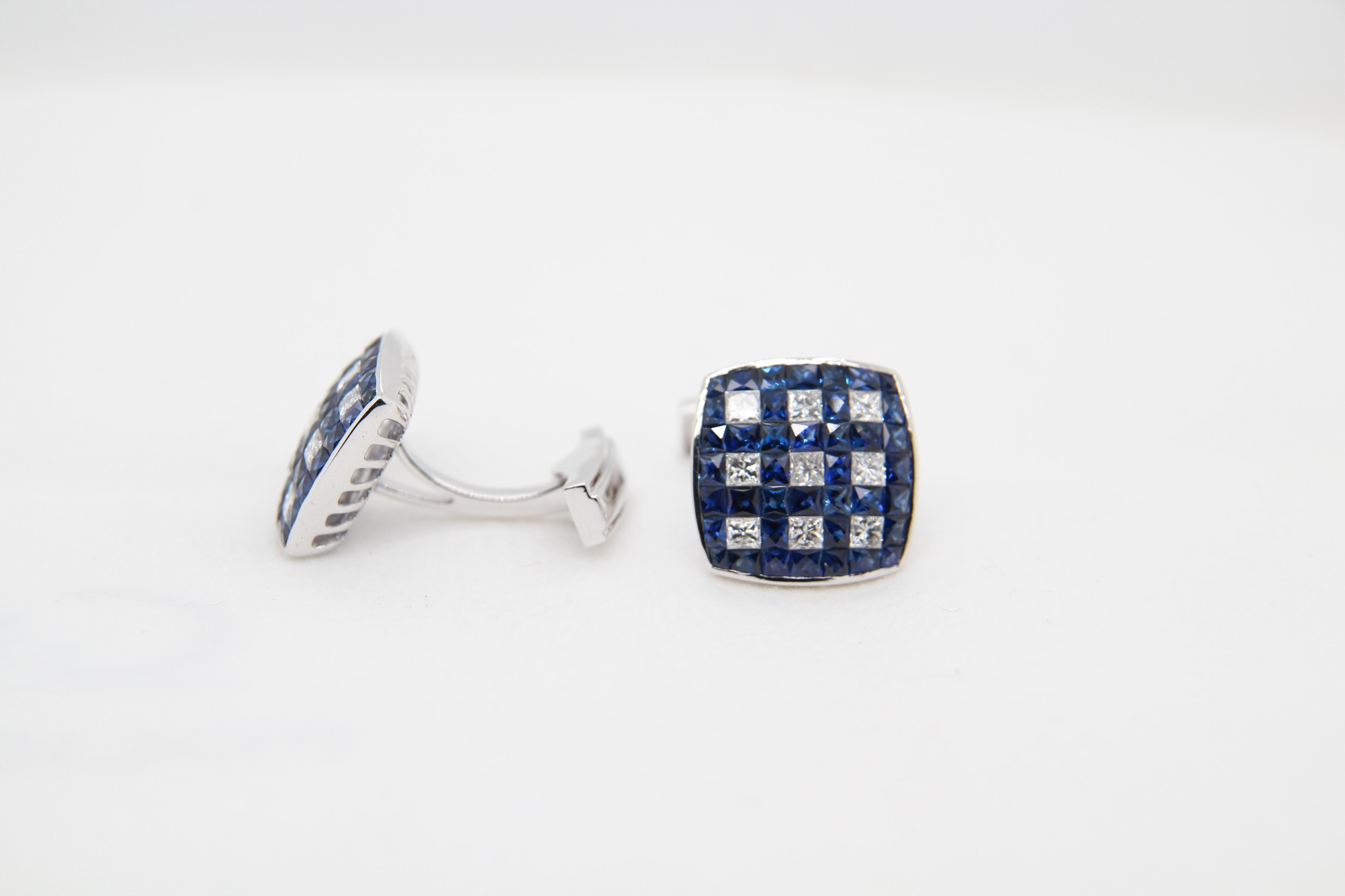 A brand new handcrafted blue sapphire and diamond cufflinks in 14 Karat gold. The total blue sapphire weight is 5.58 carats, diamond weight is 1.47 carats and gross weight is 9.92 grams. This is the large size, there is also another smaller size