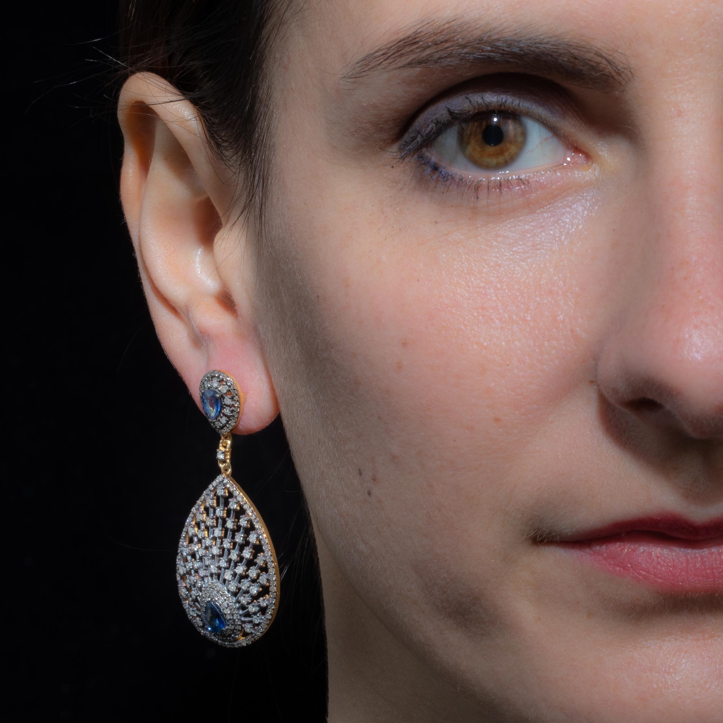 Women's or Men's Blue Sapphire and Diamond Dangle Drop Earrings