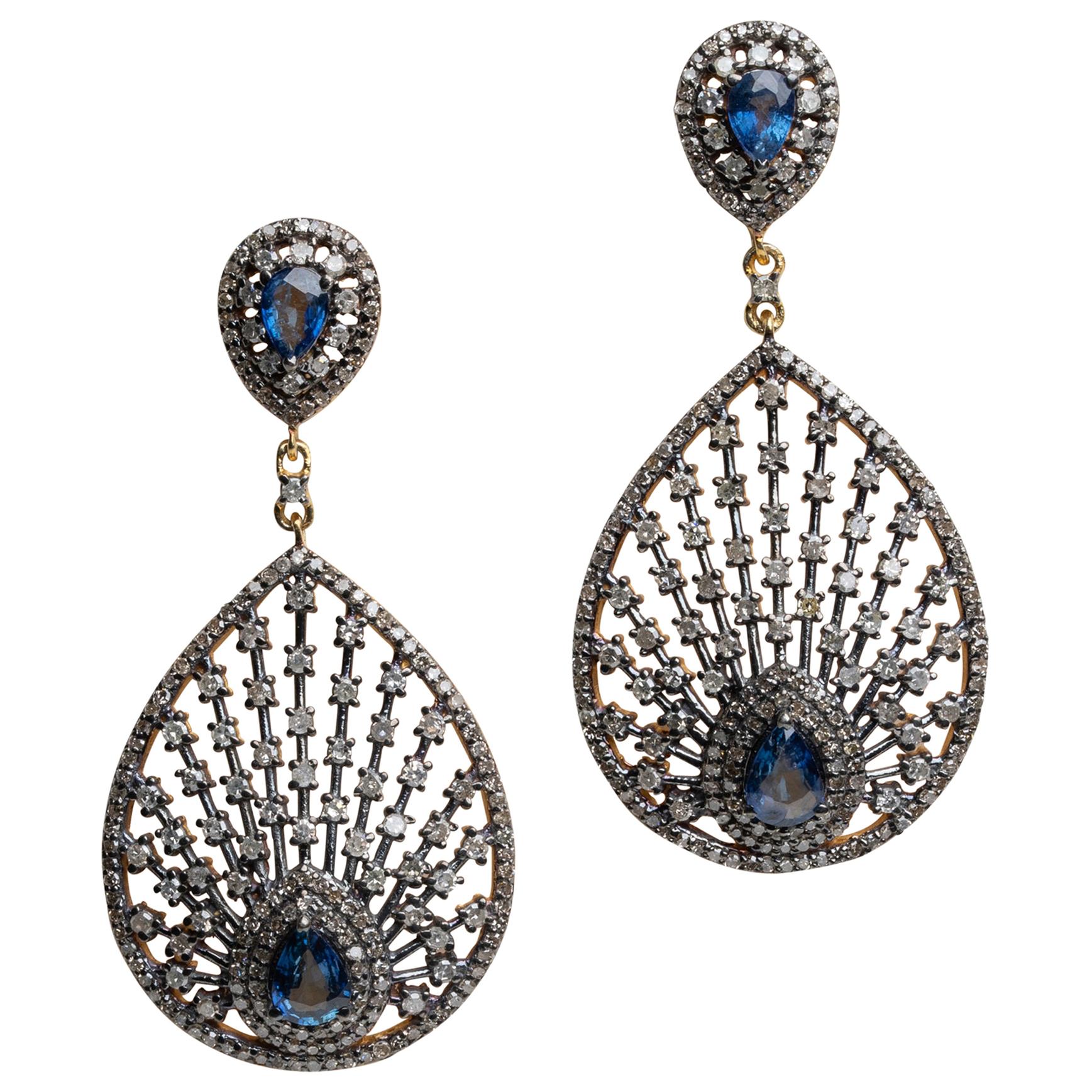 Blue Sapphire and Diamond Dangle Drop Earrings