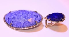 Blue Sapphires in the Rough and Diamond Dangle Earrings 14 Karat Yellow Gold