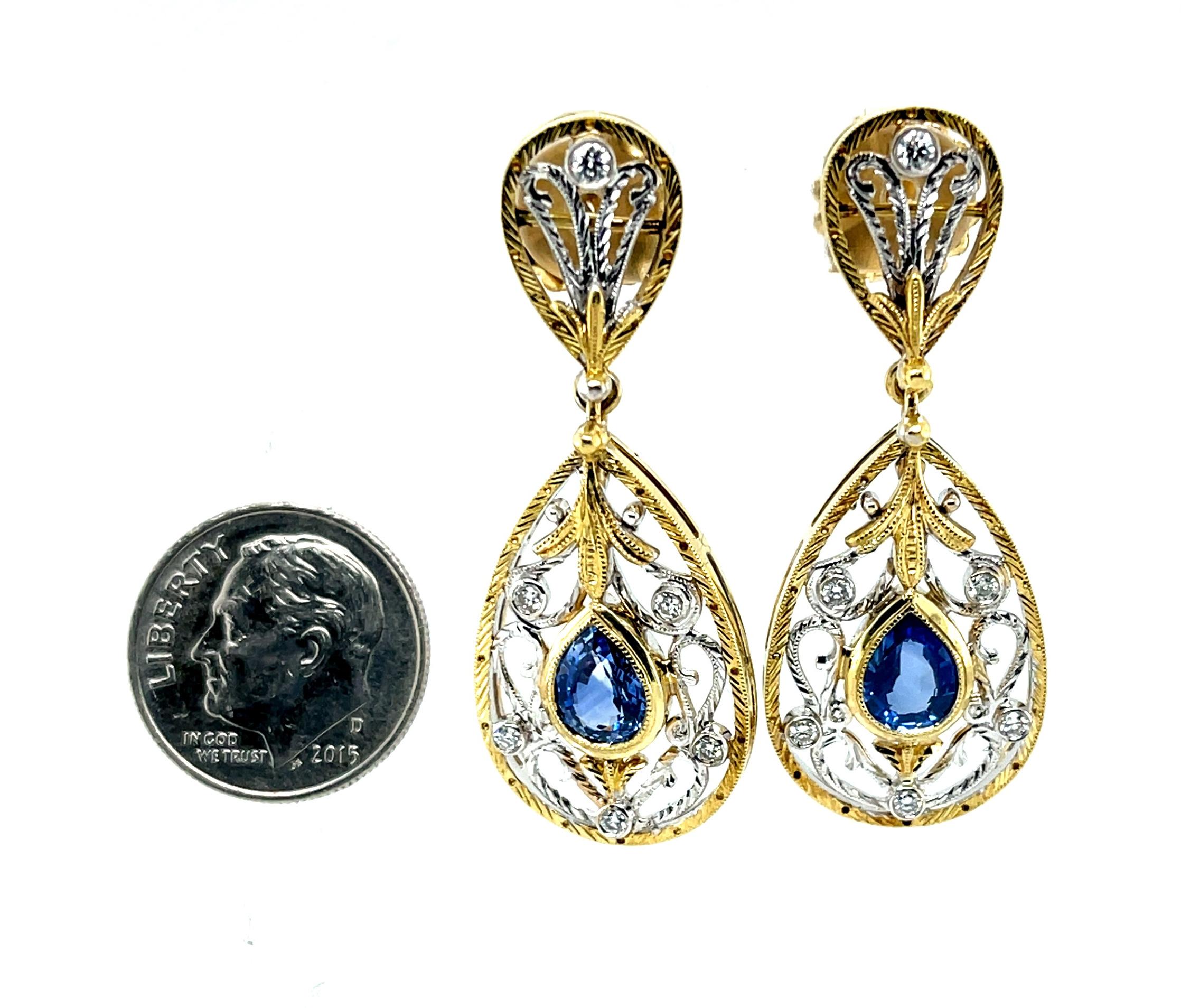 Blue Sapphire and Diamond Dangle Earrings, Handmade, 18K Gold Filigree For Sale 4