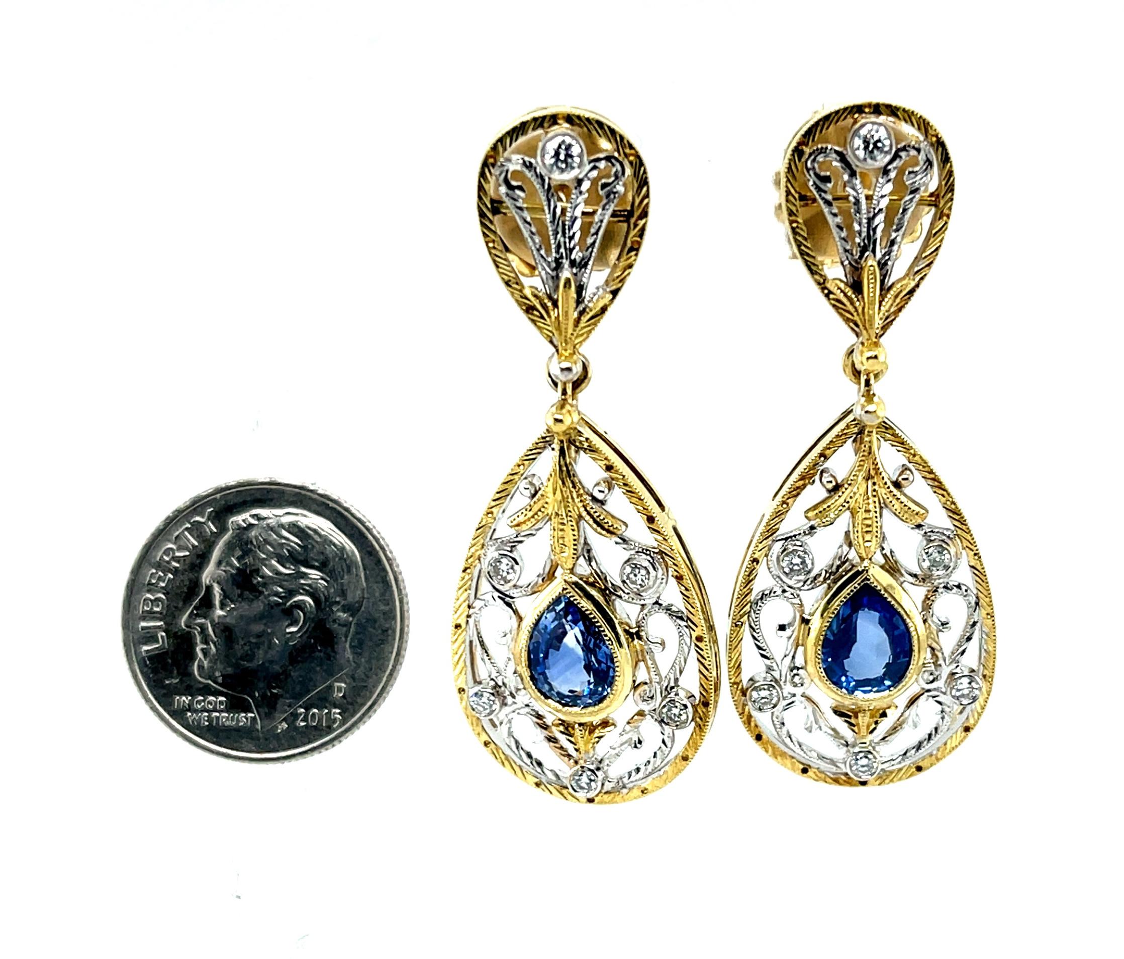 Orecchini pendenti con zaffiro blu e diamante, fatti a mano, filigrana d'oro 18 carati in vendita 4