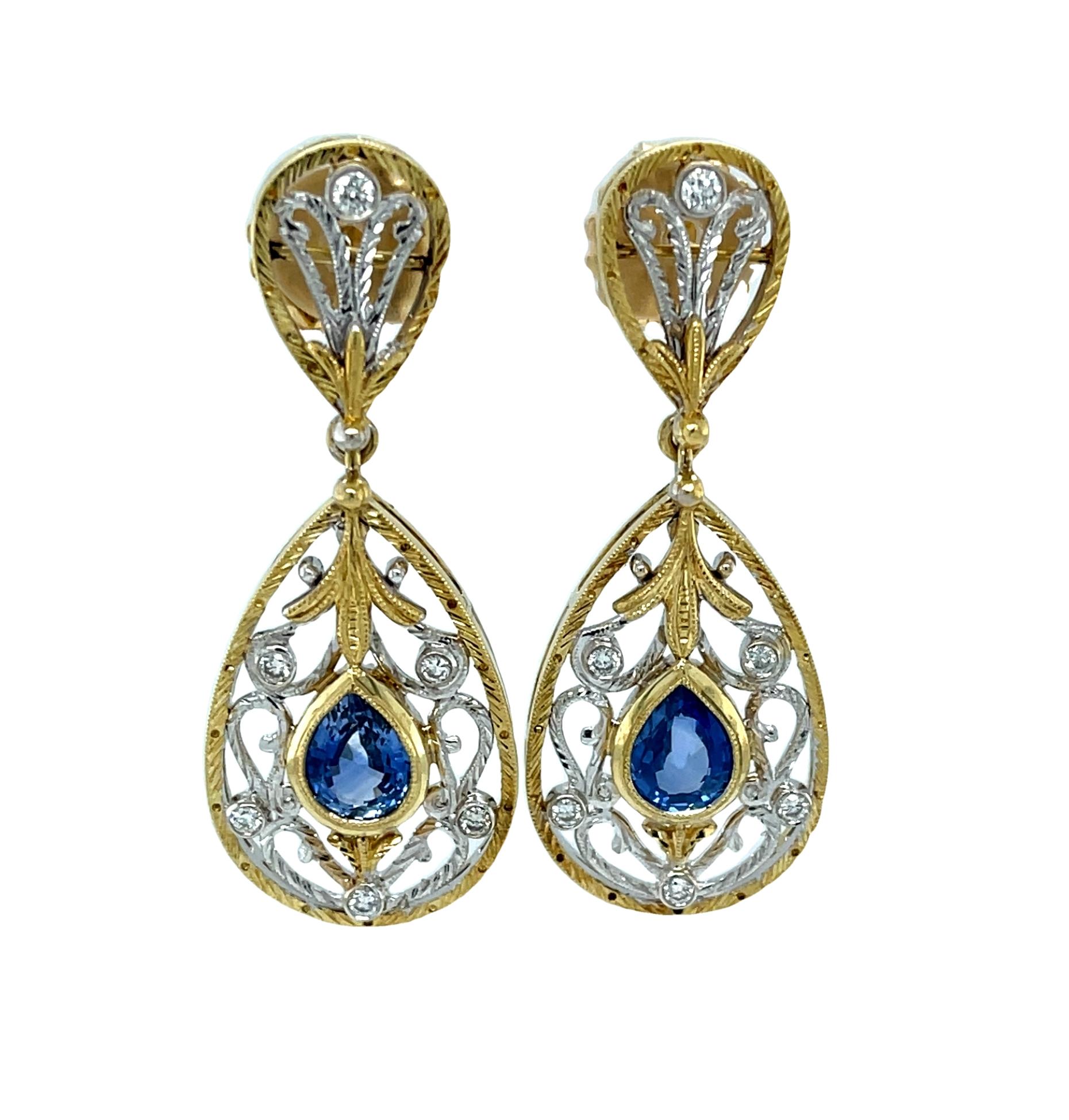 Blue Sapphire and Diamond Dangle Earrings, Handmade, 18K Gold Filigree 3