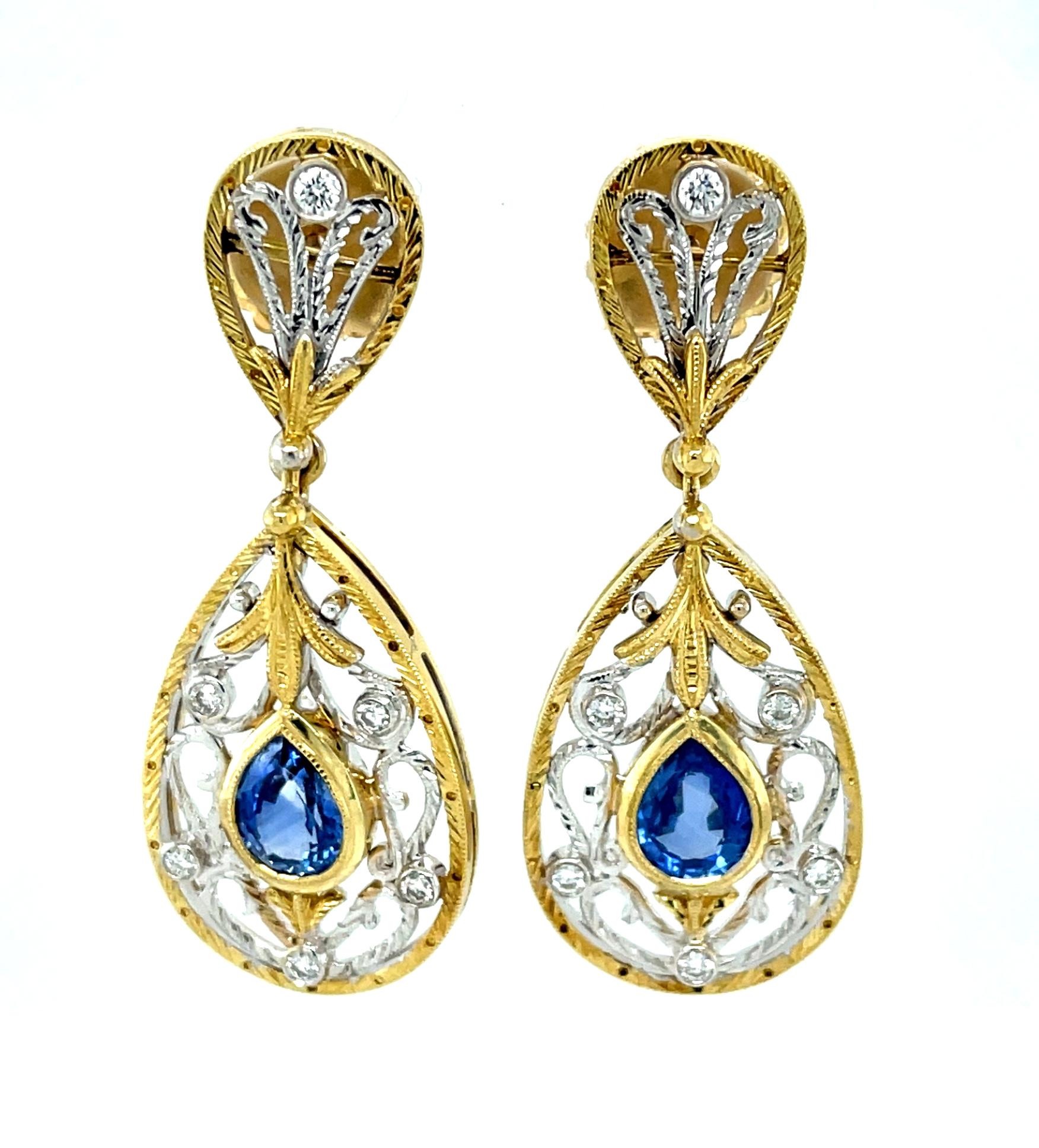 Artisan Blue Sapphire and Diamond Dangle Earrings, Handmade, 18K Gold Filigree For Sale