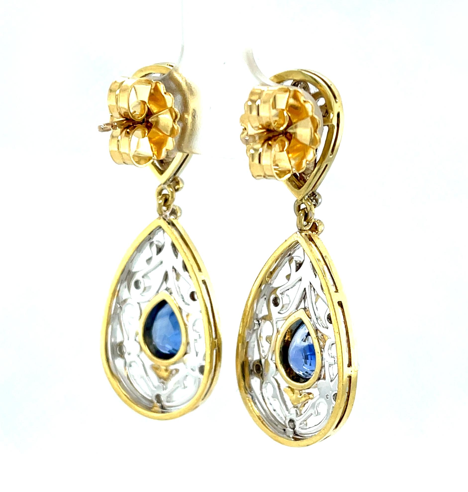 Pear Cut Blue Sapphire and Diamond Dangle Earrings, Handmade, 18K Gold Filigree For Sale