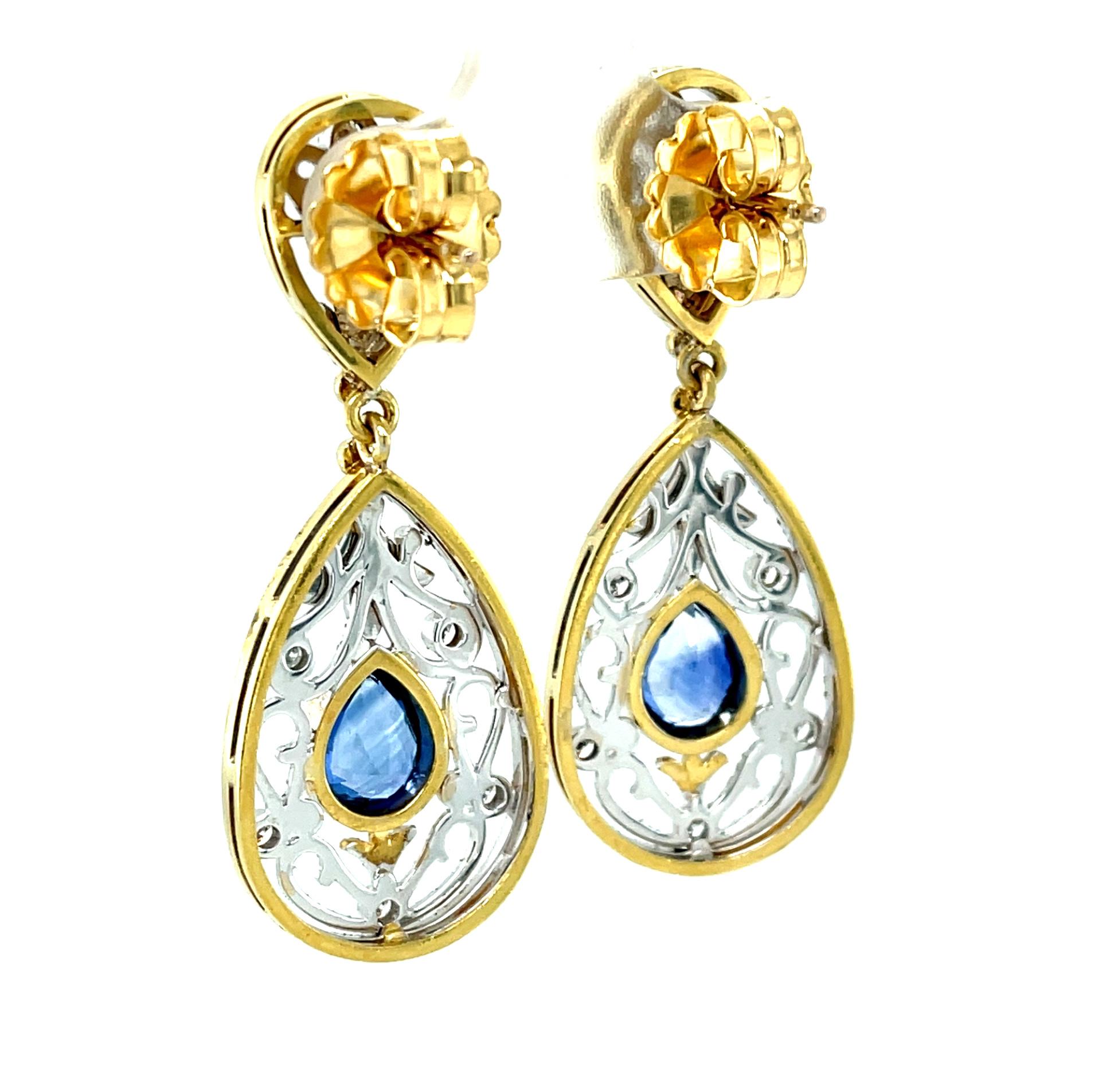 Blue Sapphire and Diamond Dangle Earrings, Handmade, 18K Gold Filigree 1