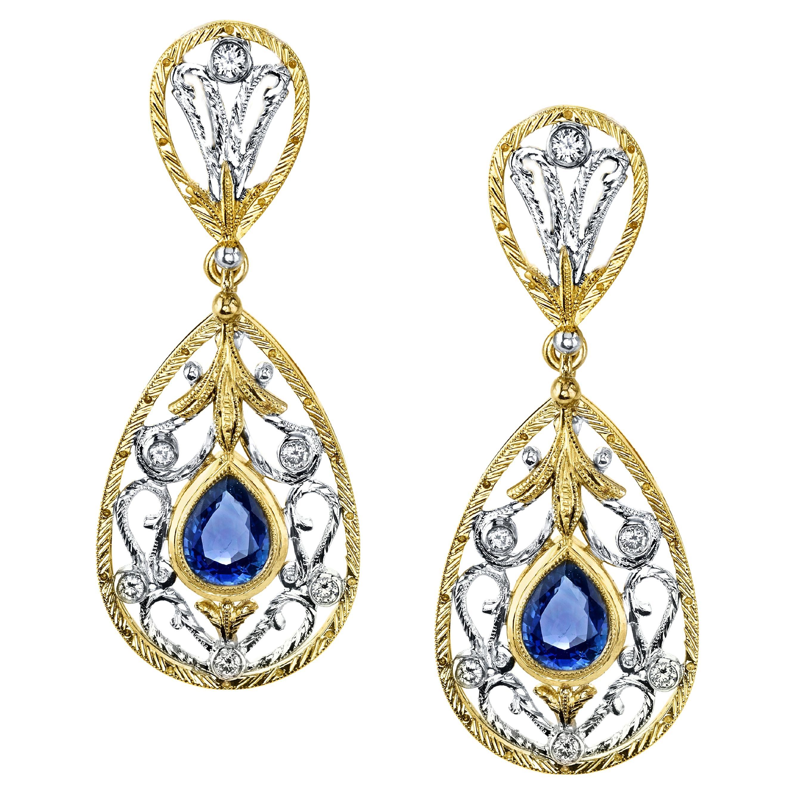 Blue Sapphire and Diamond Dangle Earrings, Handmade, 18K Gold Filigree For Sale
