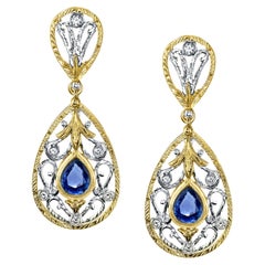 Blue Sapphire and Diamond Dangle Earrings, Handmade, 18K Gold Filigree