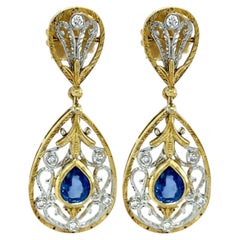 Blue Sapphire and Diamond Dangle Earrings, Handmade, 18K Gold Filigree