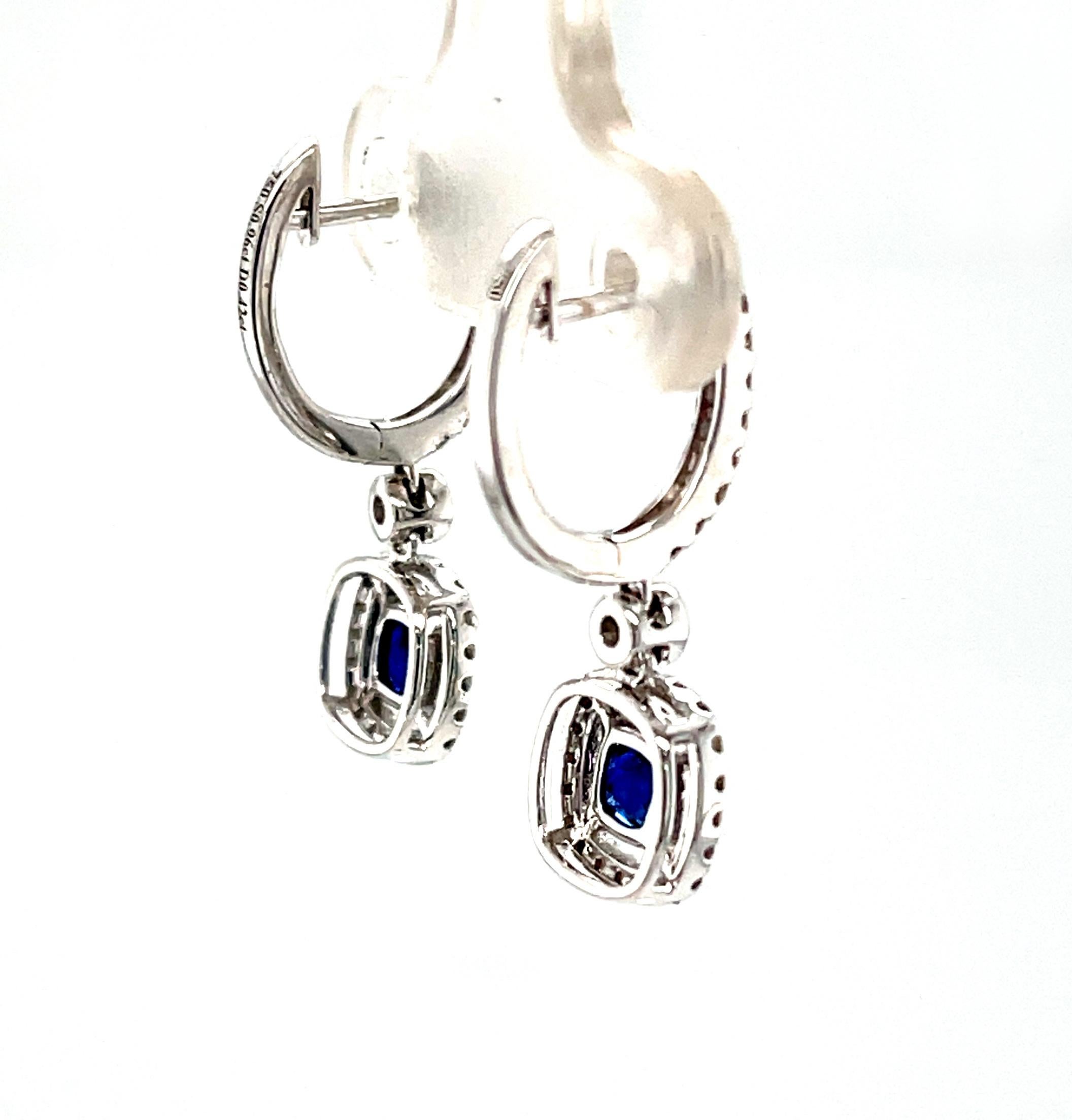 Cushion Cut Blue Sapphire and Diamond Dangle Earrings in 18k White Gold