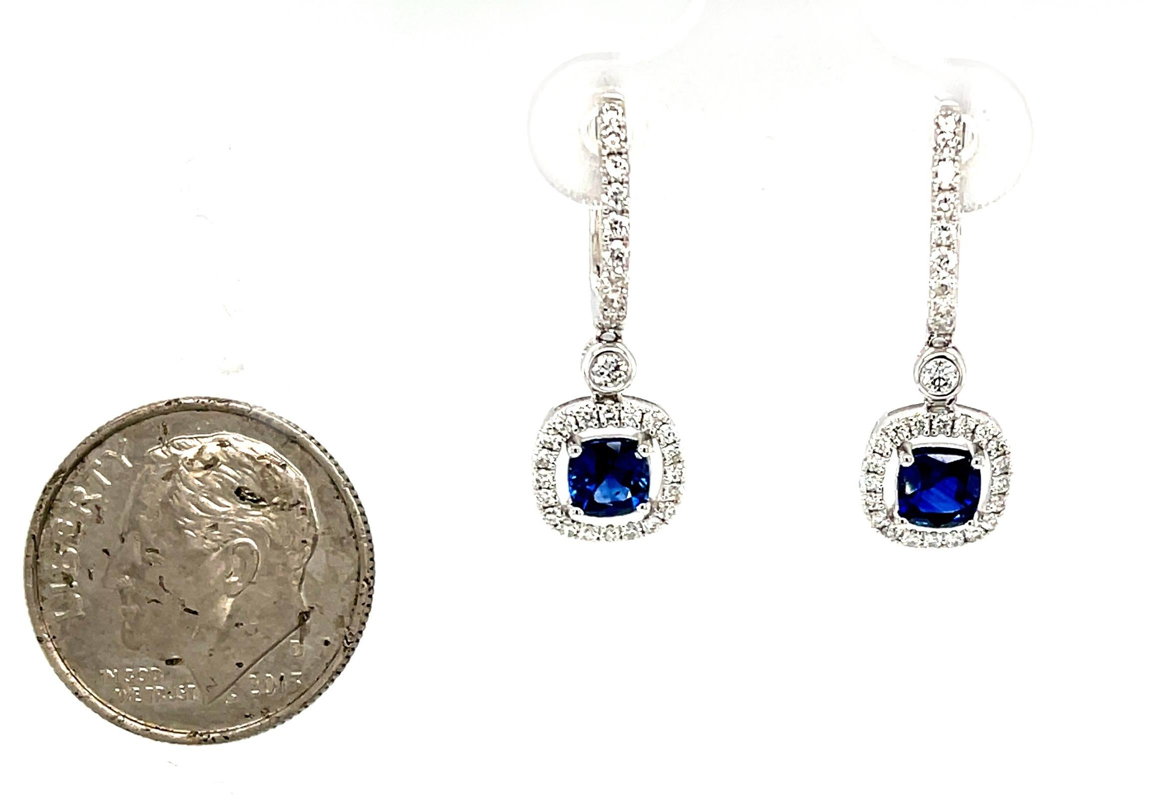 Blue Sapphire and Diamond Dangle Earrings in 18k White Gold In New Condition In Los Angeles, CA