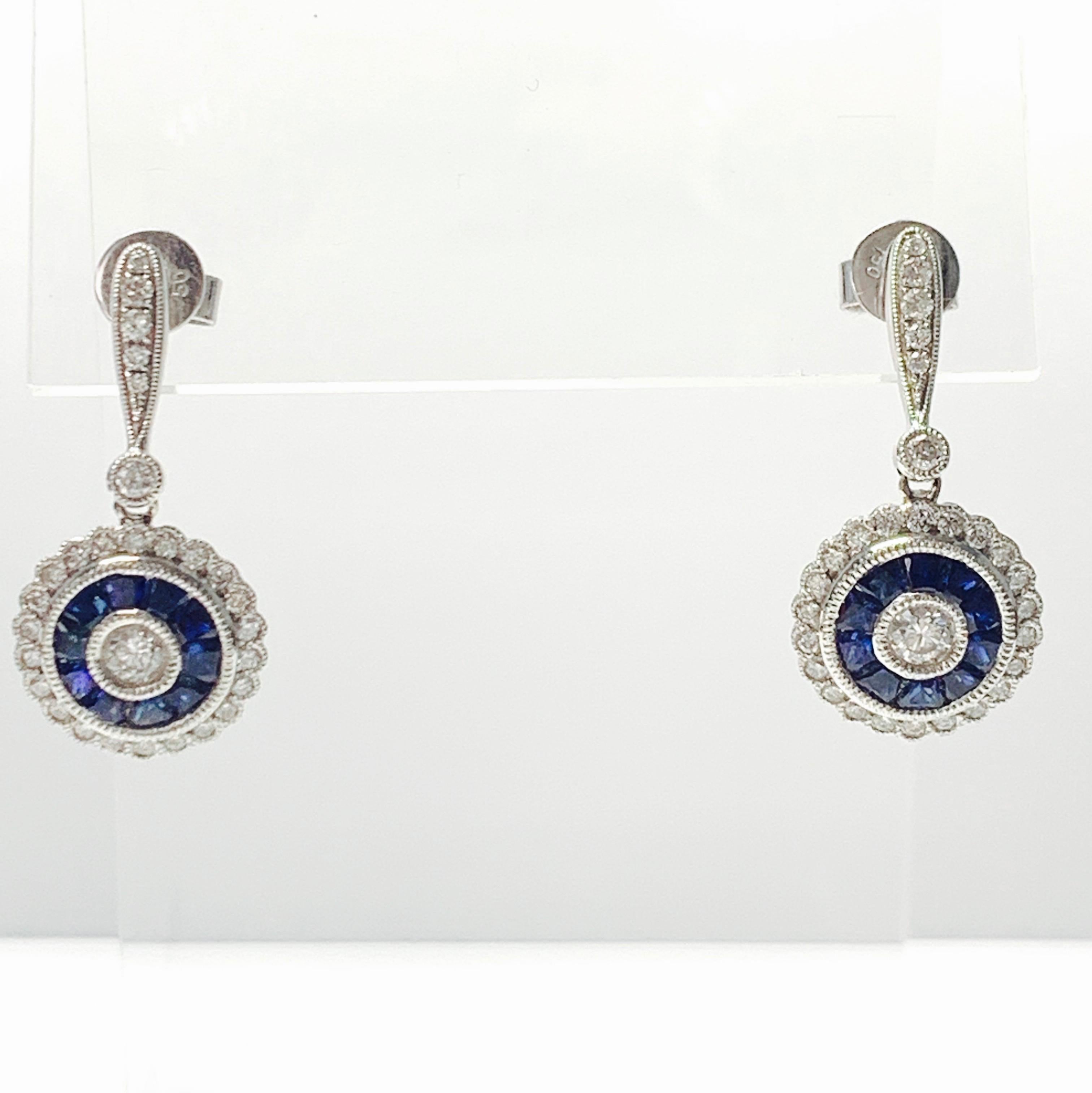Women's Blue Sapphire and Diamond Dangle Earrings in Platinum and 18k White Gold For Sale