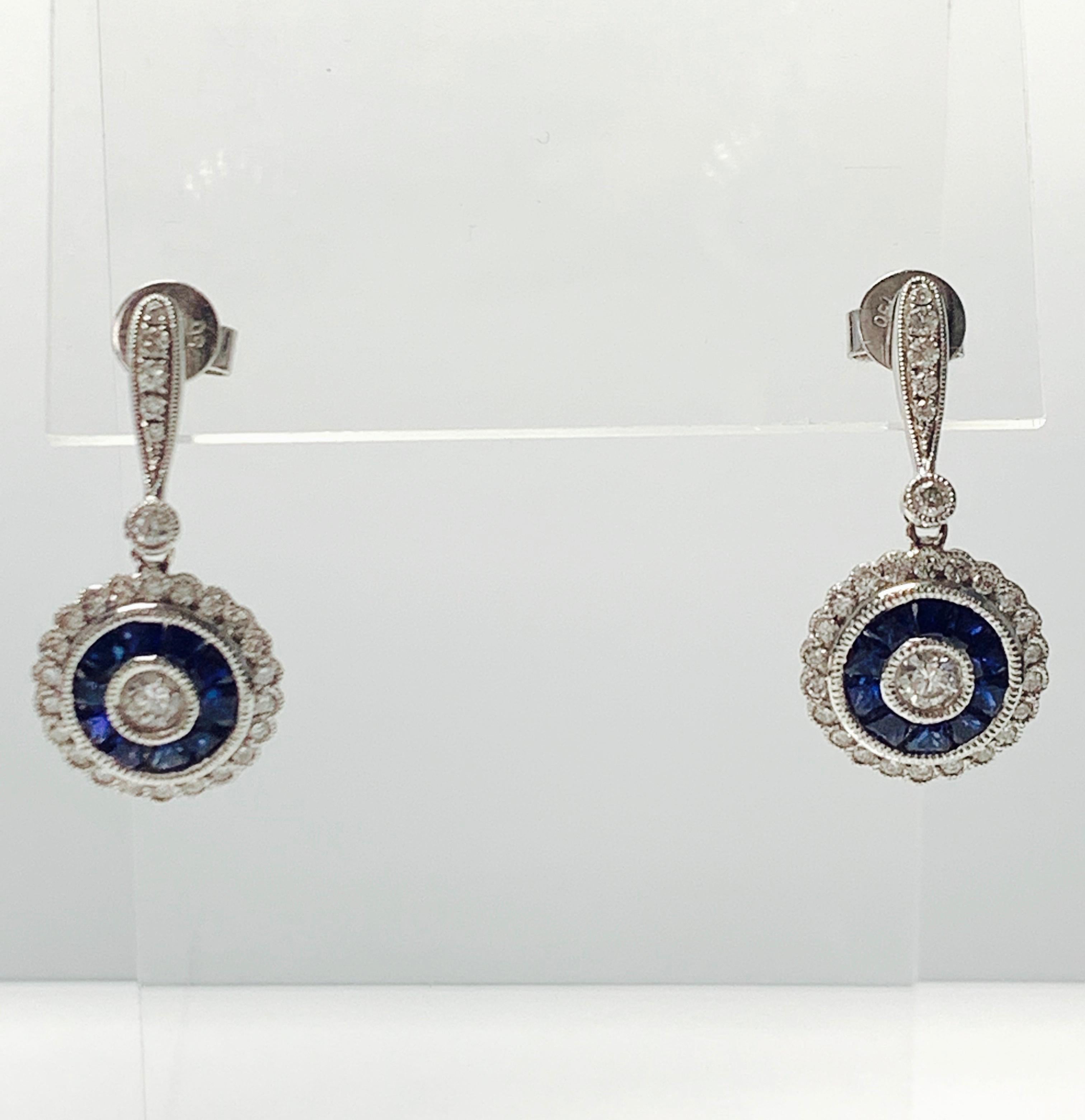 Blue Sapphire and Diamond Dangle Earrings in Platinum and 18k White Gold For Sale 1
