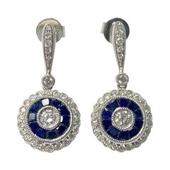 Blue Sapphire and Diamond Dangle Earrings in Platinum and 18k White Gold