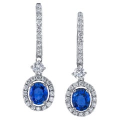 Blue Sapphire and Diamond Dangle Hoop Earrings in White Gold