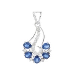 Art Nouveau 2.42 ct Blue Sapphire Diamond Pendant in 18K White Gold