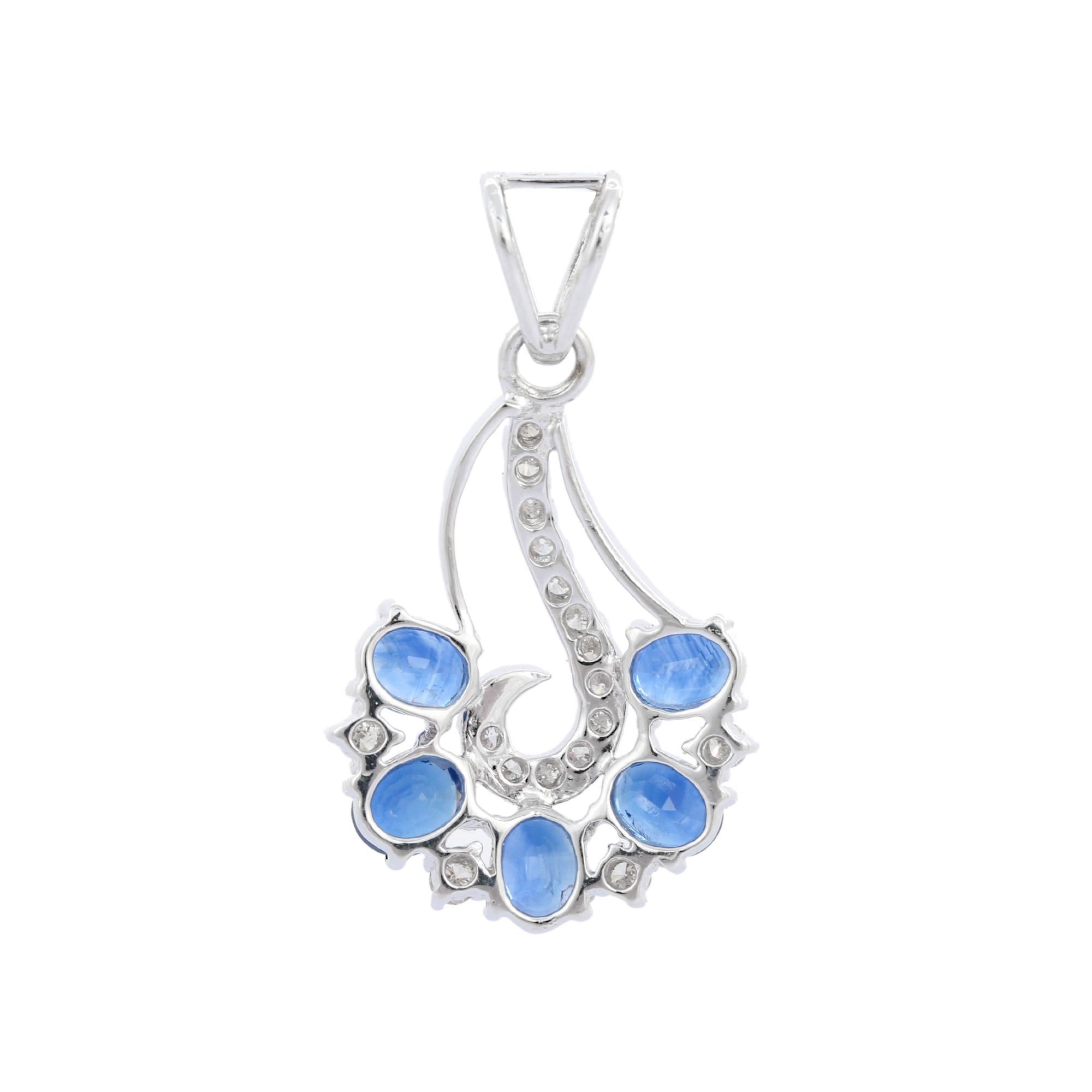 Romantic Art Nouveau 2.42 ct Blue Sapphire Diamond Pendant in 18K White Gold For Sale