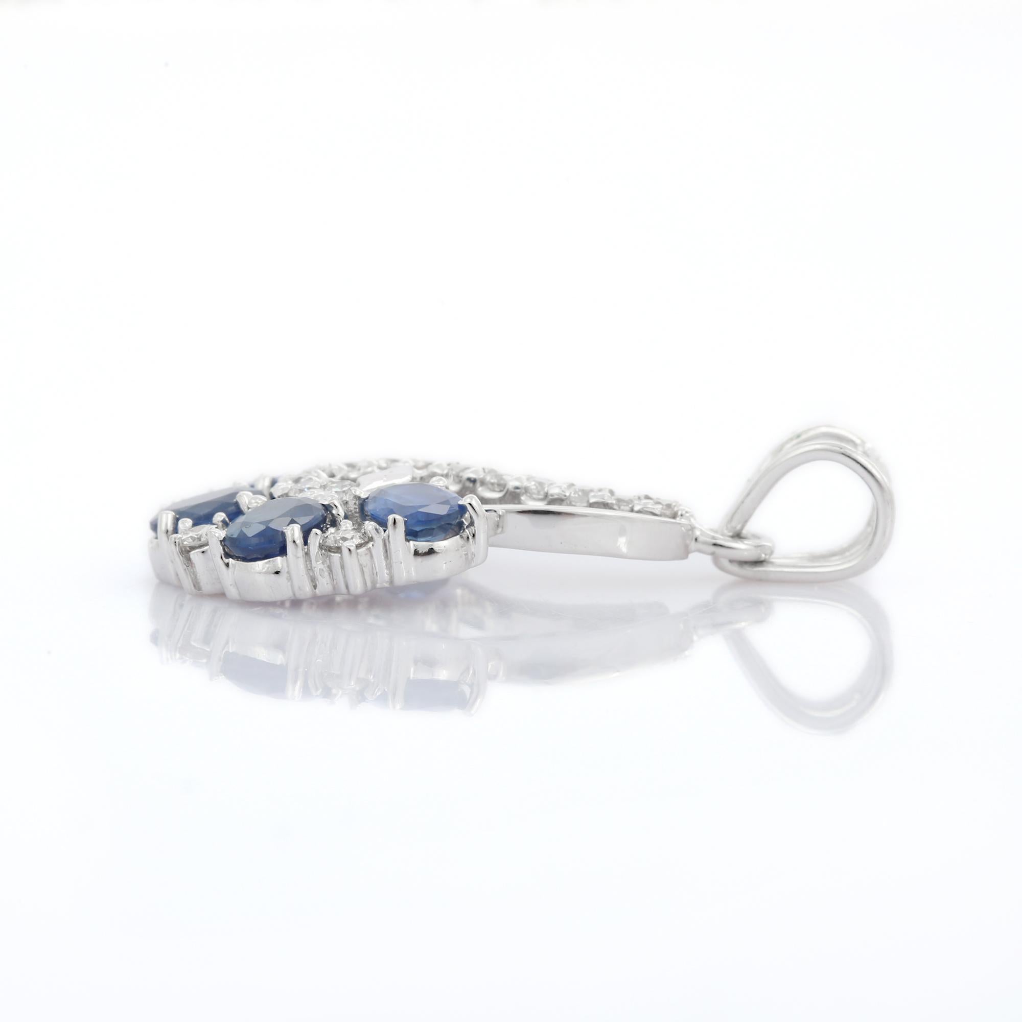 Oval Cut Art Nouveau 2.42 ct Blue Sapphire Diamond Pendant in 18K White Gold For Sale