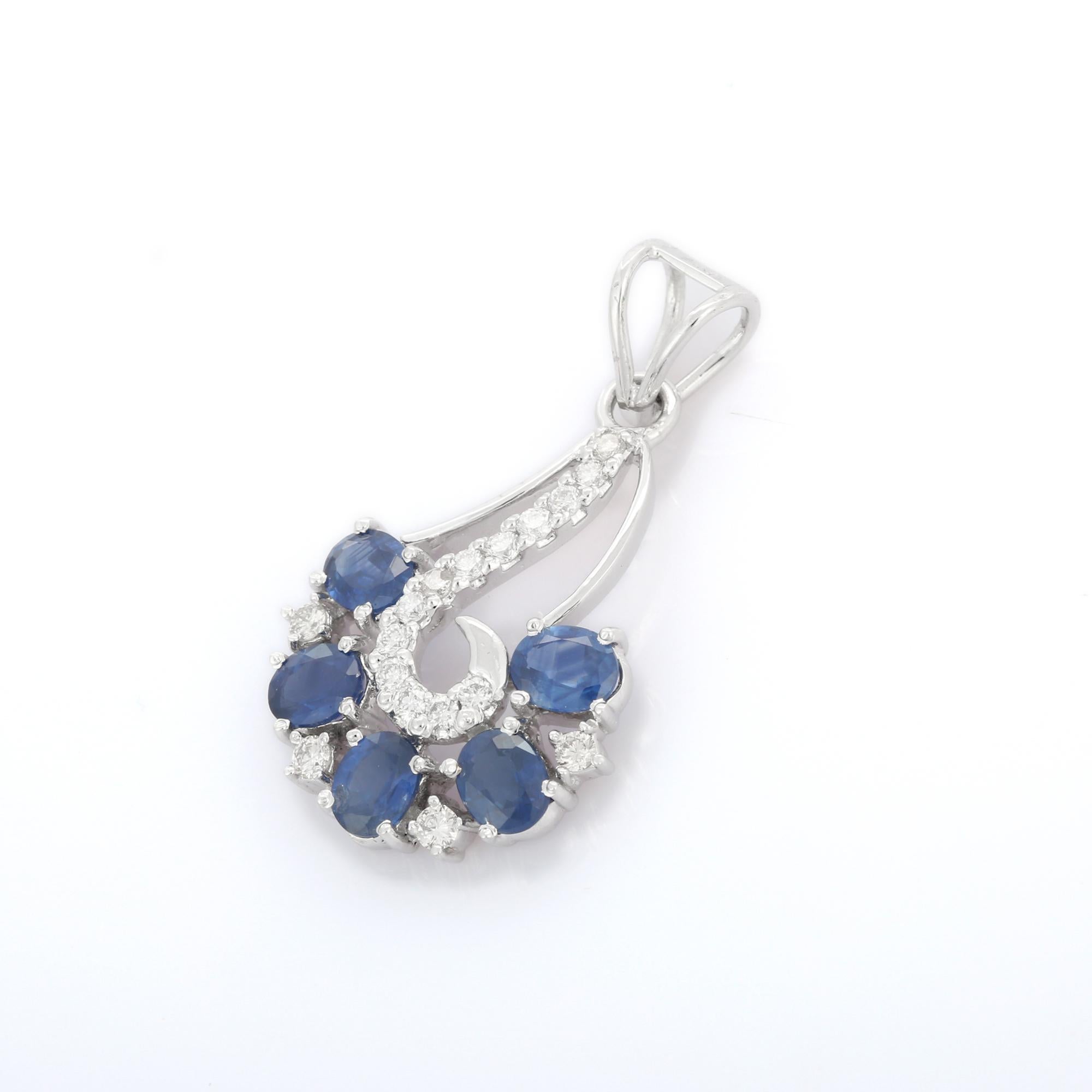 Art Nouveau 2.42 ct Blue Sapphire Diamond Pendant in 18K White Gold In New Condition For Sale In Houston, TX