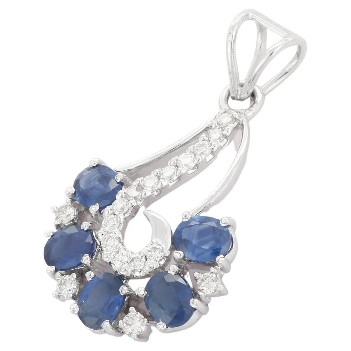 Art Nouveau 2.42 ct Blue Sapphire Diamond Pendant in 18K White Gold For Sale