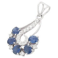 Art Nouveau 2.42 ct Blue Sapphire and Diamond Pendant in 18K White Gold