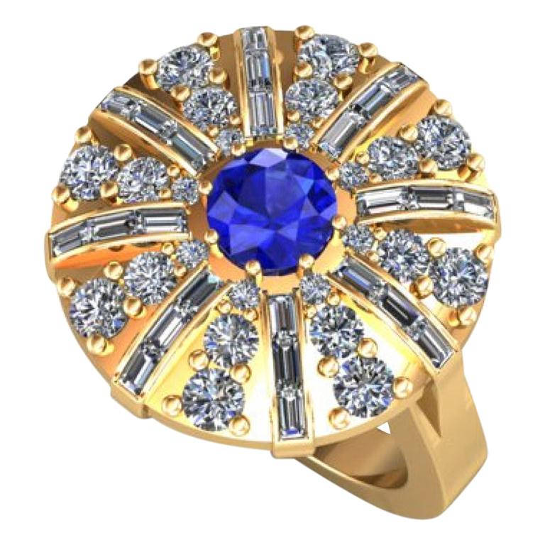.55 carat Sapphire in a beautiful rich blue shade. This is a slight modification of a dome ring set in 18K Yellow Gold. Think of it more like a slight pitcher's mound so that the shape enhances the pattern of the ring. It is mounted in 18k yellow