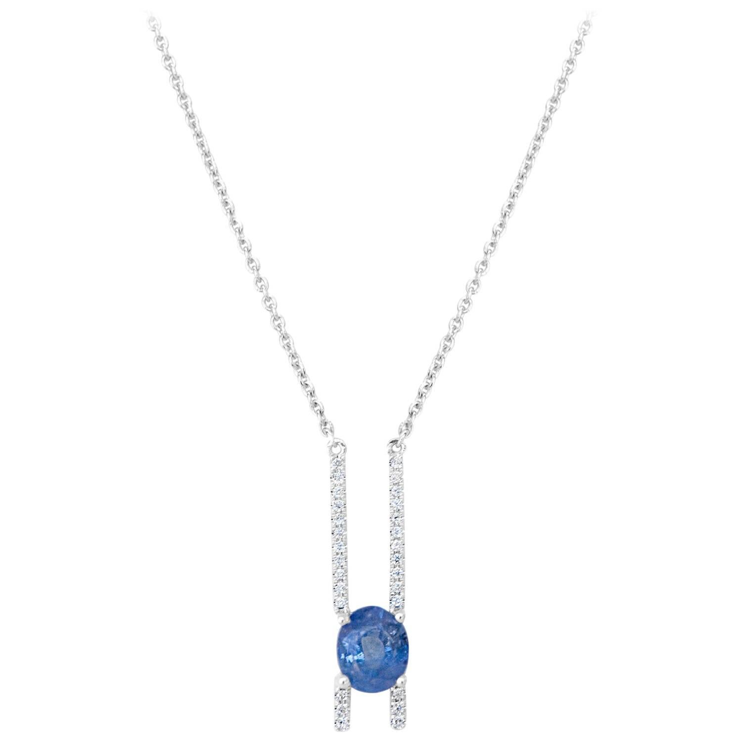 Blue Sapphire and Diamond Double Bar Necklace For Sale