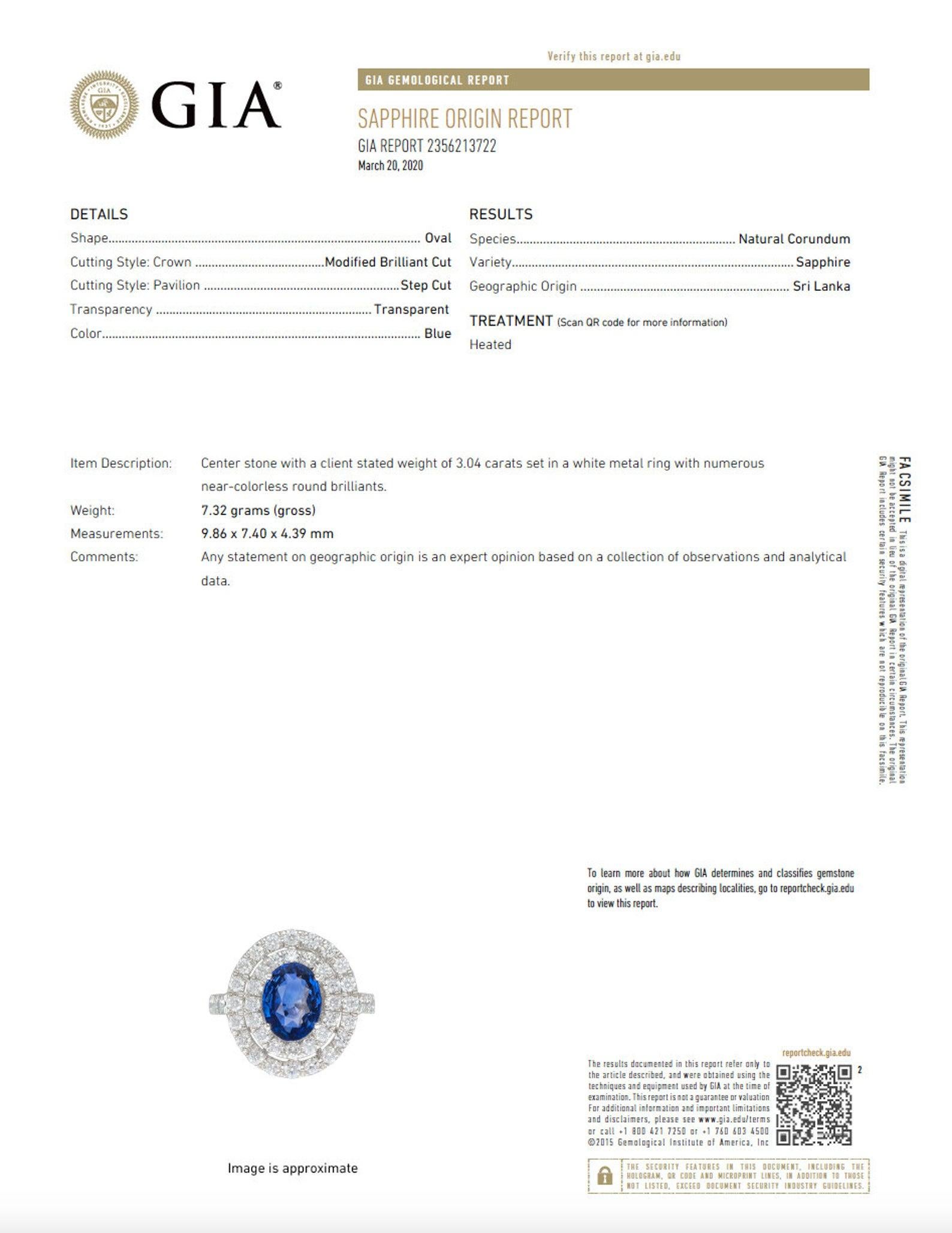 Product Specifications:
- 3.04ct (9.86 x 7.40 x 4.39 mm) High quality natural oval cut Blue Sapphire
Quality: Royal Blue color from Sri Lanka
- GIA Certificate included: GIA# 2356213722
- 46 Round Brilliant Cut High Quality Natural Diamonds with