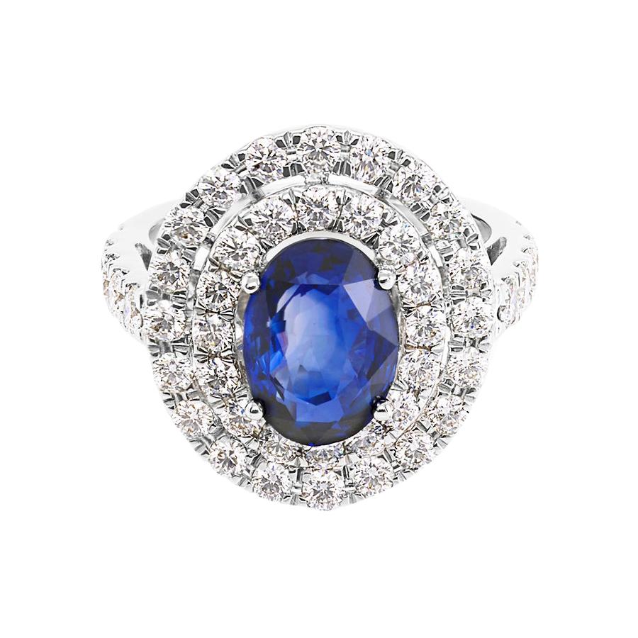 Blue Sapphire and Diamond Double Halo Cocktail Engagement Ring GIA Certified