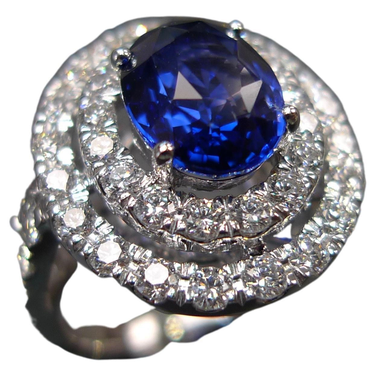Blue Sapphire and Diamond Double Halo Cocktail Engagement Ring GIA Certified For Sale