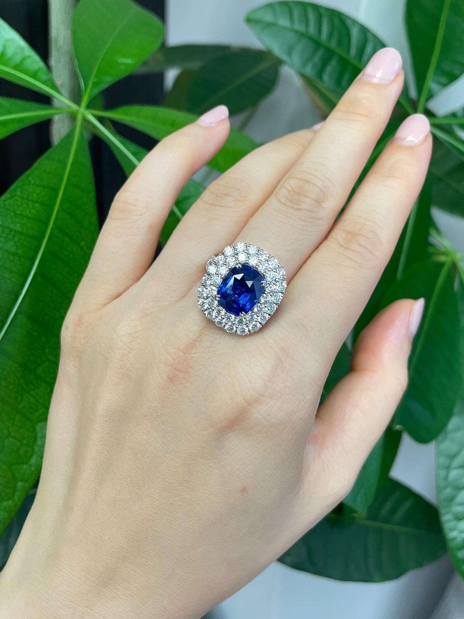 5.18ct natural cushion cut heated Blue Sapphire at the center
Blue sapphire size: 10.82 x 8.76 x 5.42mm
Blue sapphire color: Intense to vivid blue (Royal Blue)
Blue sapphire origin: Sri Lanka
Included GRS Certificate (No. GRS2018-019049)
Total carat
