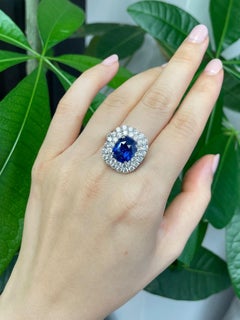 Blue Sapphire and Diamond Double Halo Cocktail Engagement Ring GRS Certified
