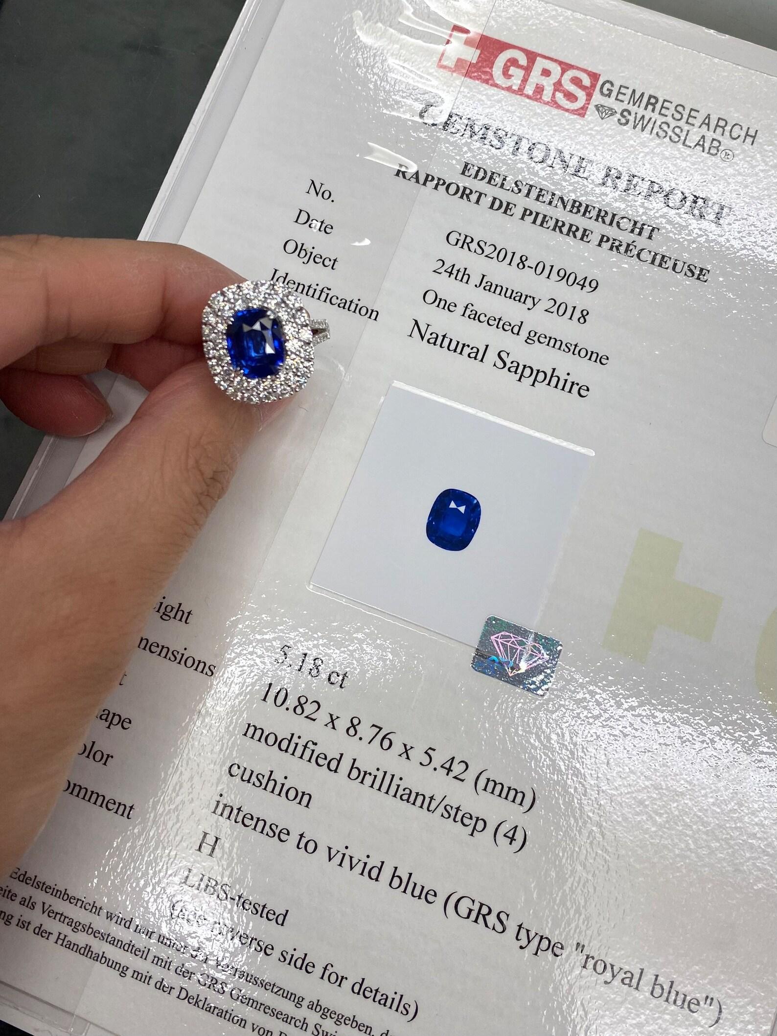 Art Deco Blue Sapphire and Diamond Double Halo Cocktail Engagement Ring GRS Certified For Sale