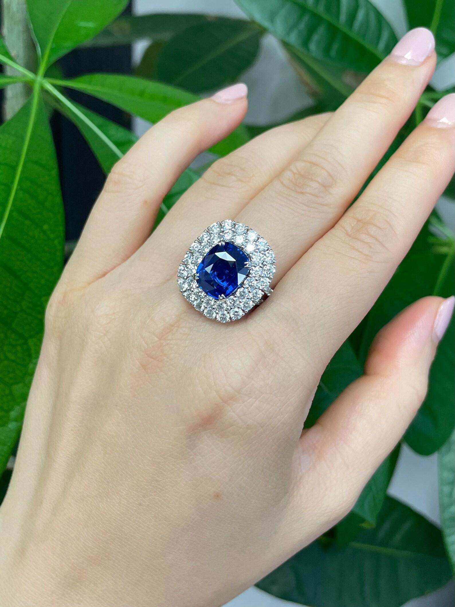 Oval Cut Blue Sapphire and Diamond Double Halo Cocktail Engagement Ring GRS Certified For Sale
