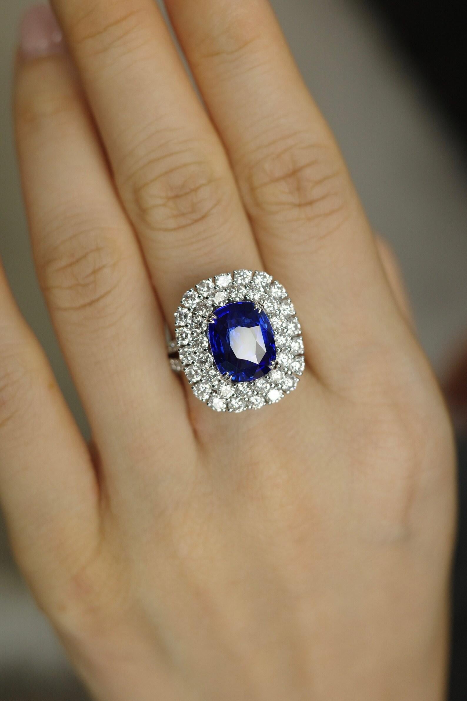 Women's Blue Sapphire and Diamond Double Halo Cocktail Engagement Ring GRS Certified For Sale