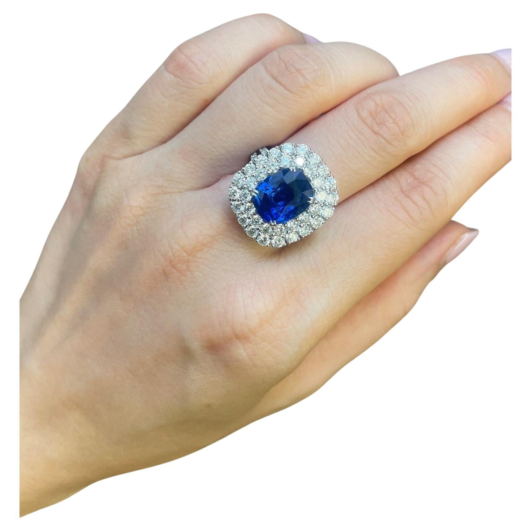 Blue Sapphire and Diamond Double Halo Cocktail Engagement Ring GRS Certified For Sale