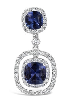 Roman Malakov 3.96 Carat Cushion Blue Sapphire with Diamond Halo Dangle Earrings